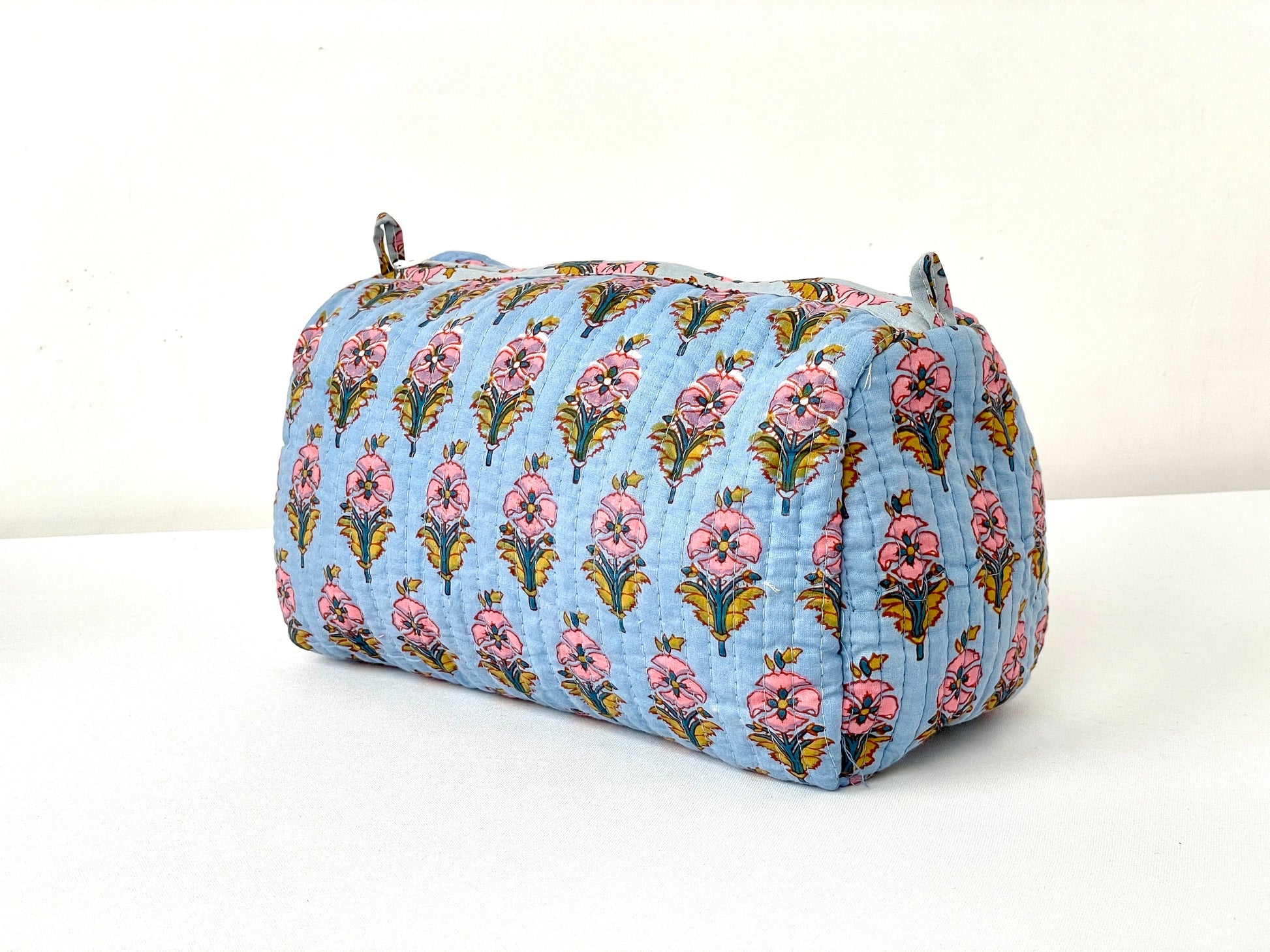 Cotton Quilted Toiletry Bag, Elegant Floral Hand Block Print Fabric Wash Bag, Pack of 3 Blue & Pink Makeup Bag, Gift for She, Her