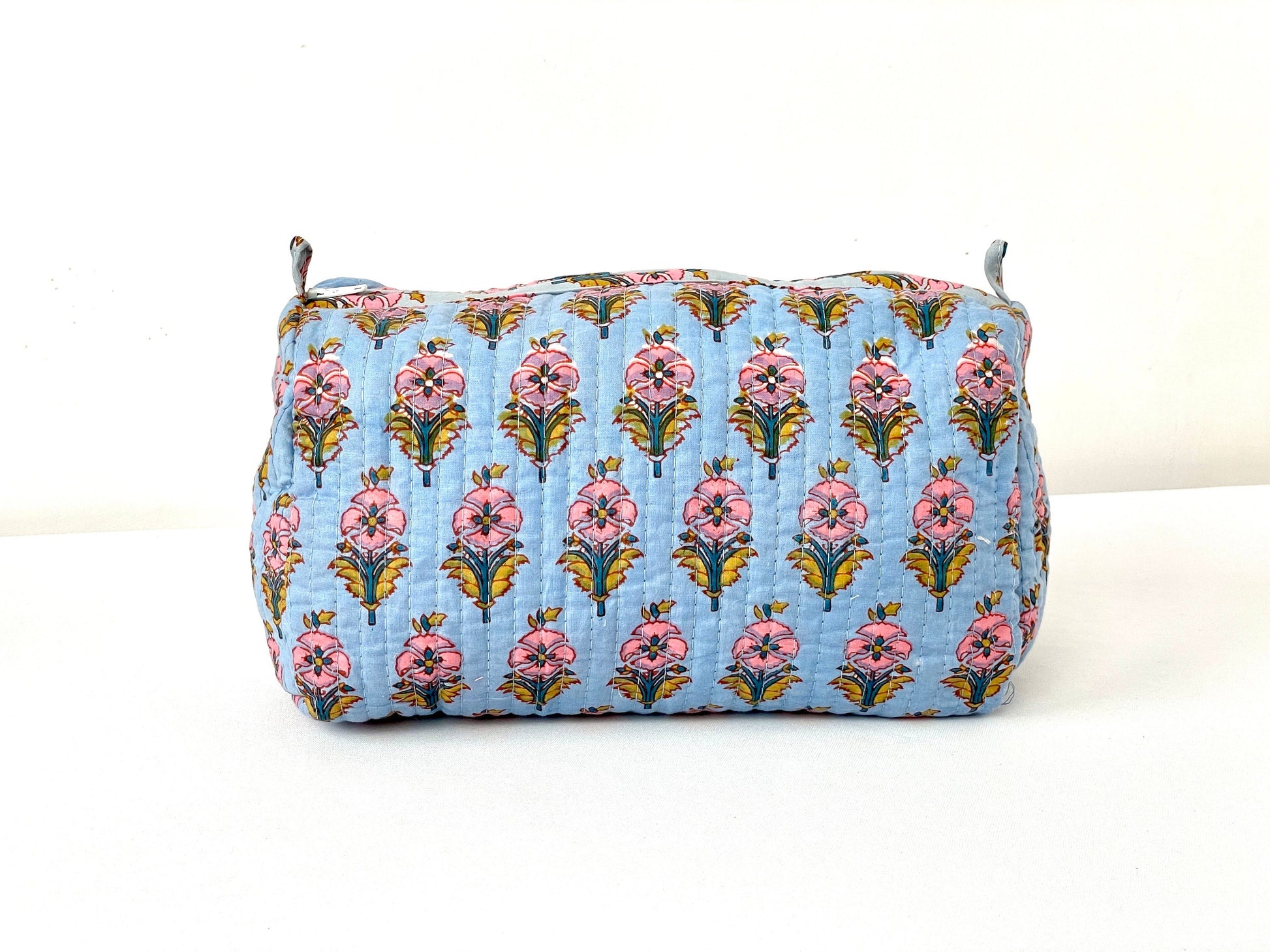 Cotton Quilted Toiletry Bag, Elegant Floral Hand Block Print Fabric Wash Bag, Pack of 3 Blue & Pink Makeup Bag, Gift for She, Her
