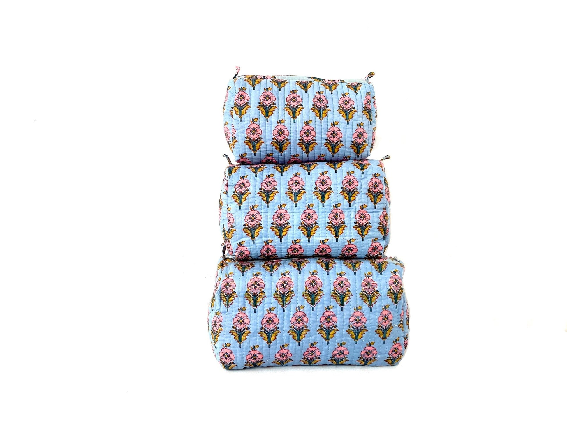 Cotton Quilted Toiletry Bag, Elegant Floral Hand Block Print Fabric Wash Bag, Pack of 3 Blue & Pink Makeup Bag, Gift for She, Her