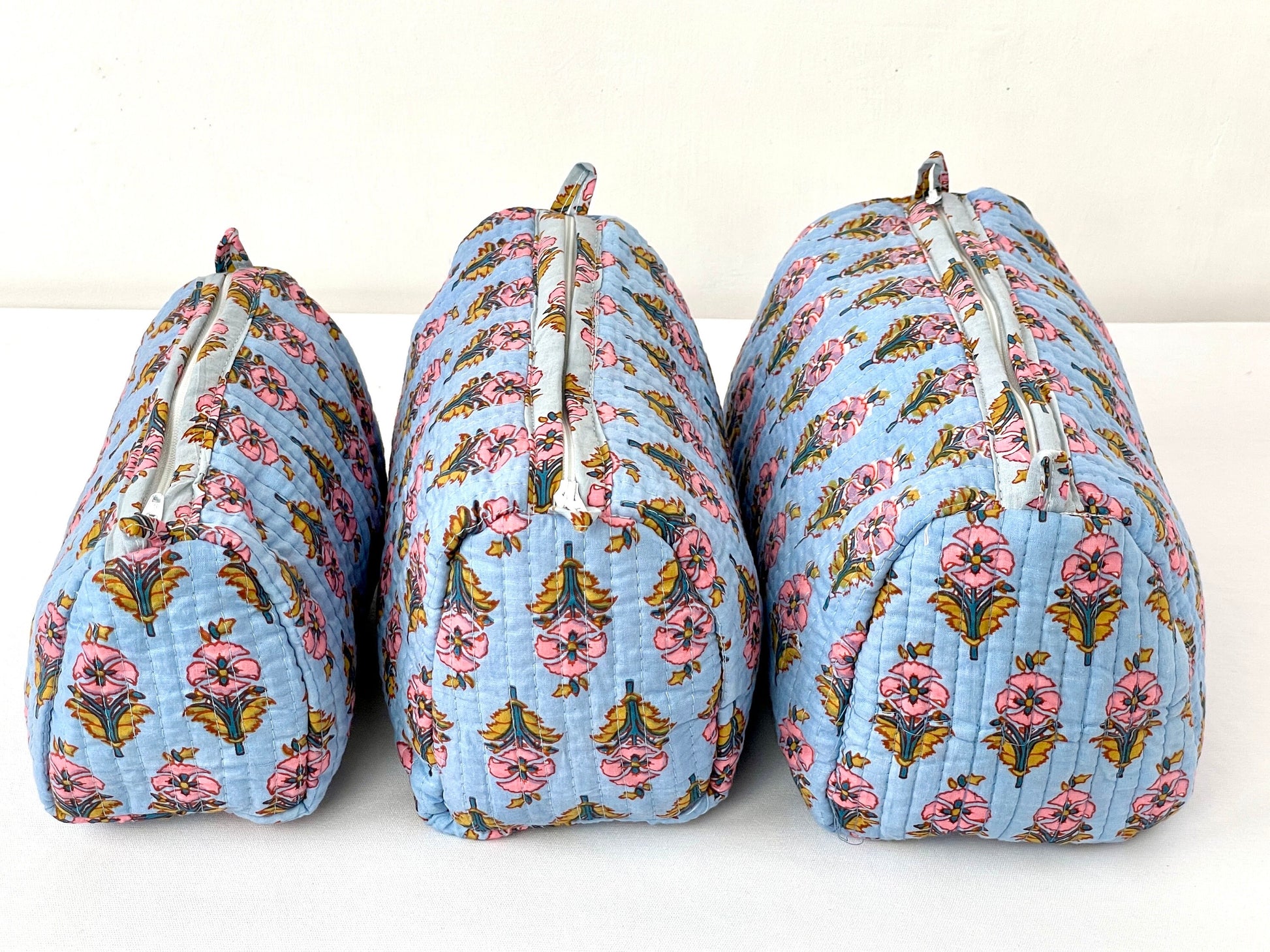 Cotton Quilted Toiletry Bag, Elegant Floral Hand Block Print Fabric Wash Bag, Pack of 3 Blue & Pink Makeup Bag, Gift for She, Her