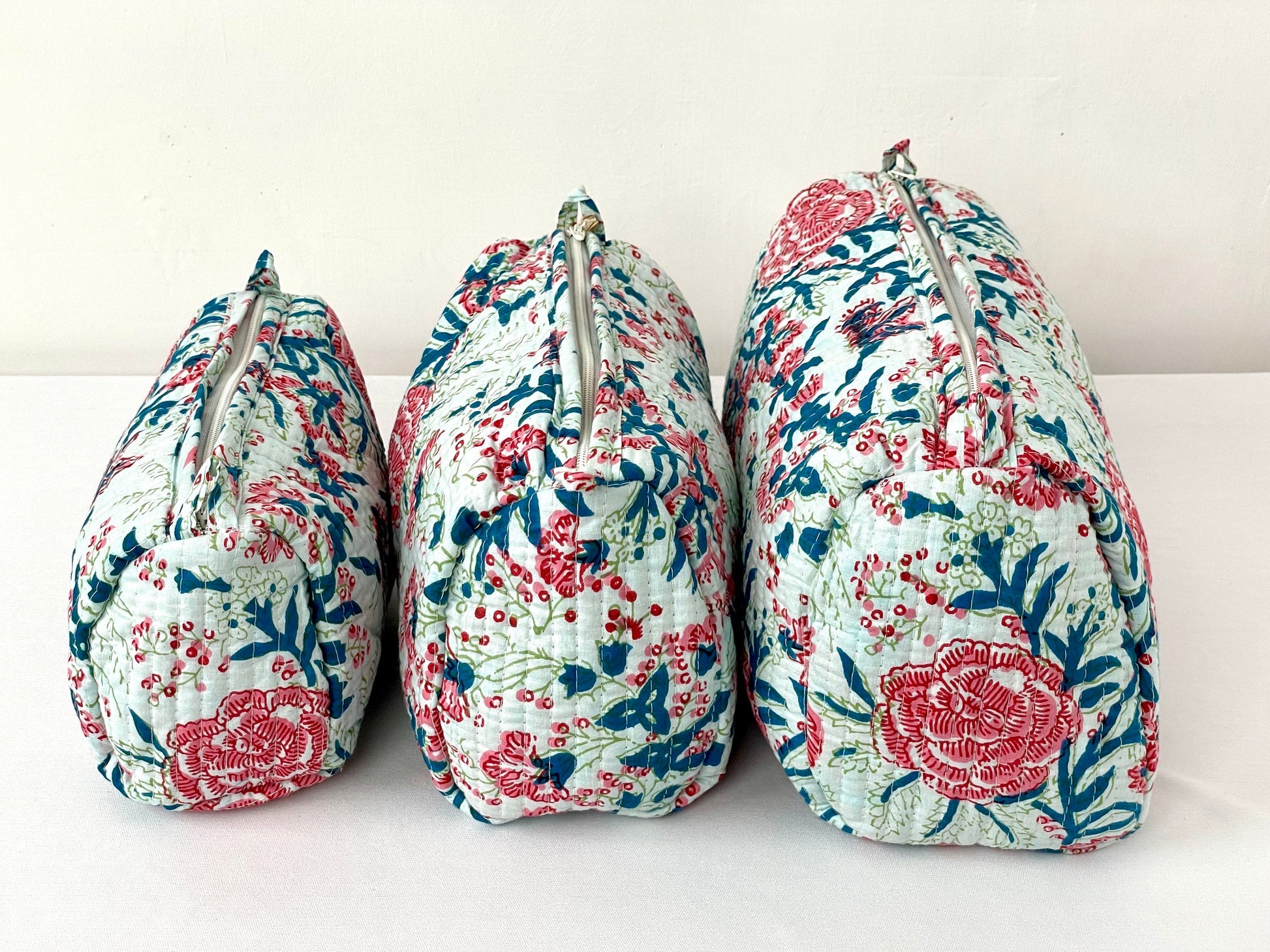 Cotton Quilted Toiletry Bag, Elegant Floral Hand Block Print Fabric Wash Bag, Pack of 3 Green & Pink Makeup Bag, Gift for She, Her