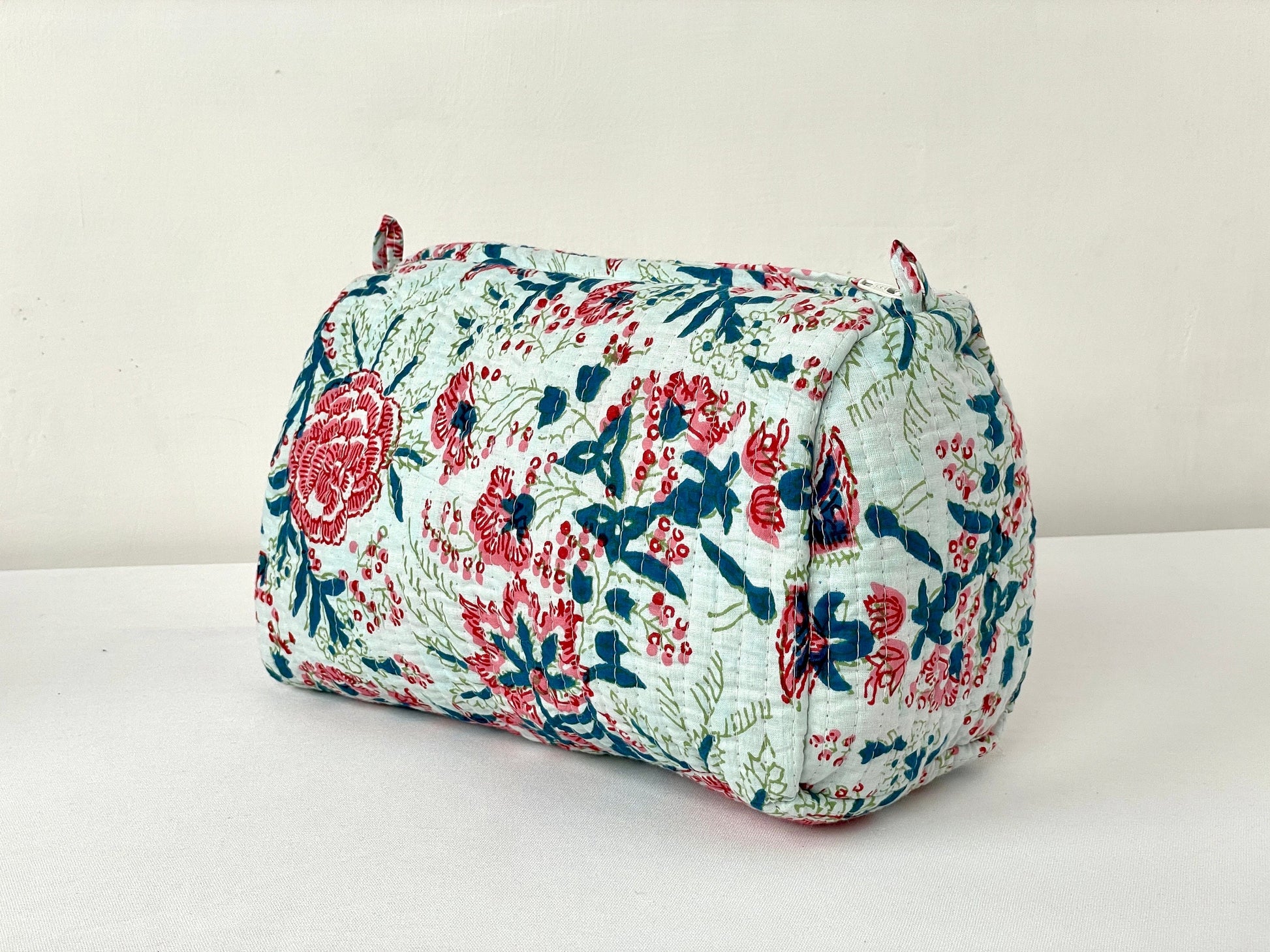 Cotton Quilted Toiletry Bag, Elegant Floral Hand Block Print Fabric Wash Bag, Pack of 3 Green & Pink Makeup Bag, Gift for She, Her
