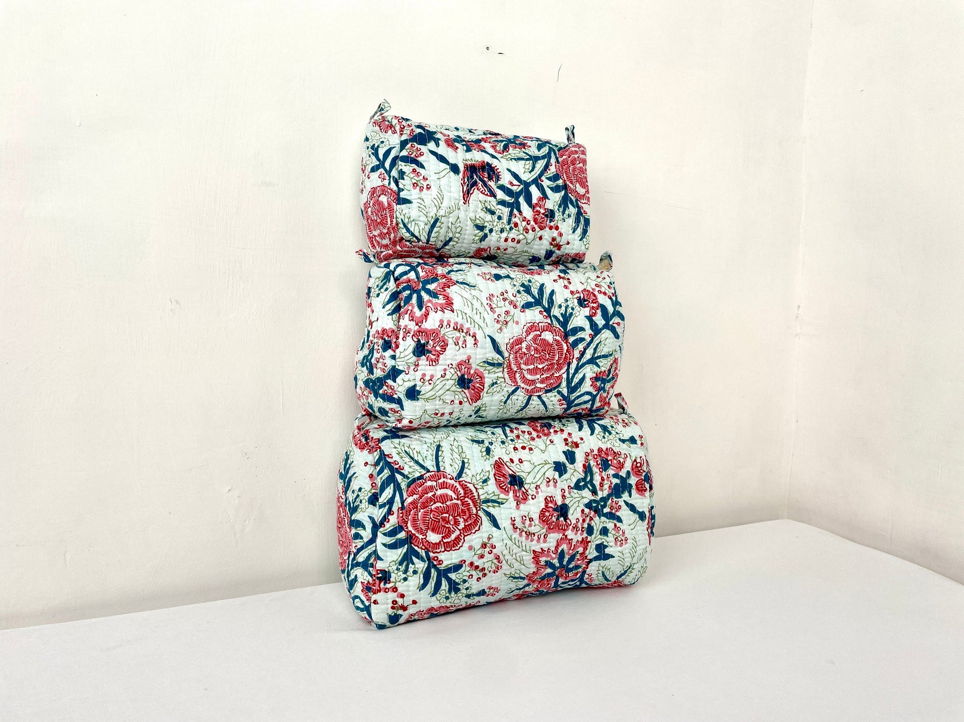 Cotton Quilted Toiletry Bag, Elegant Floral Hand Block Print Fabric Wash Bag, Pack of 3 Green & Pink Makeup Bag, Gift for She, Her