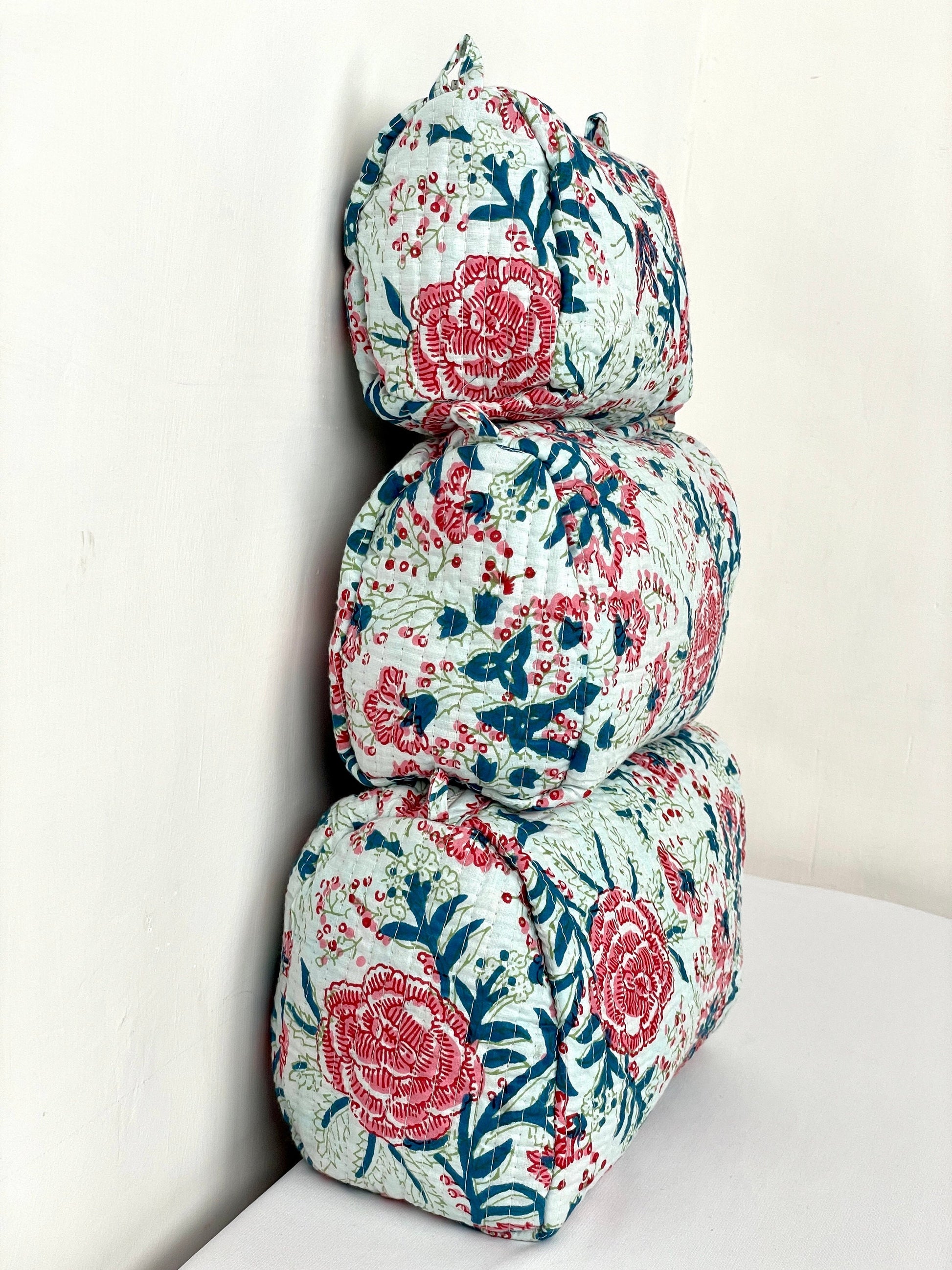 Cotton Quilted Toiletry Bag, Elegant Floral Hand Block Print Fabric Wash Bag, Pack of 3 Green & Pink Makeup Bag, Gift for She, Her