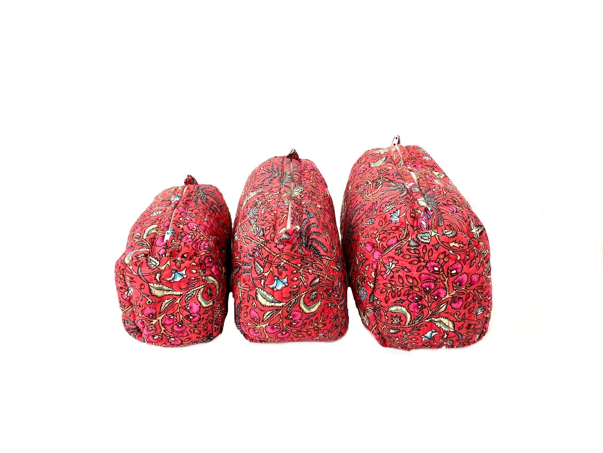 Cotton Quilted Toiletry Bag, Elegant Floral Hand Block Print Fabric Wash Bag, Pack of 3 Red Makeup Bag, Gift for She, Her
