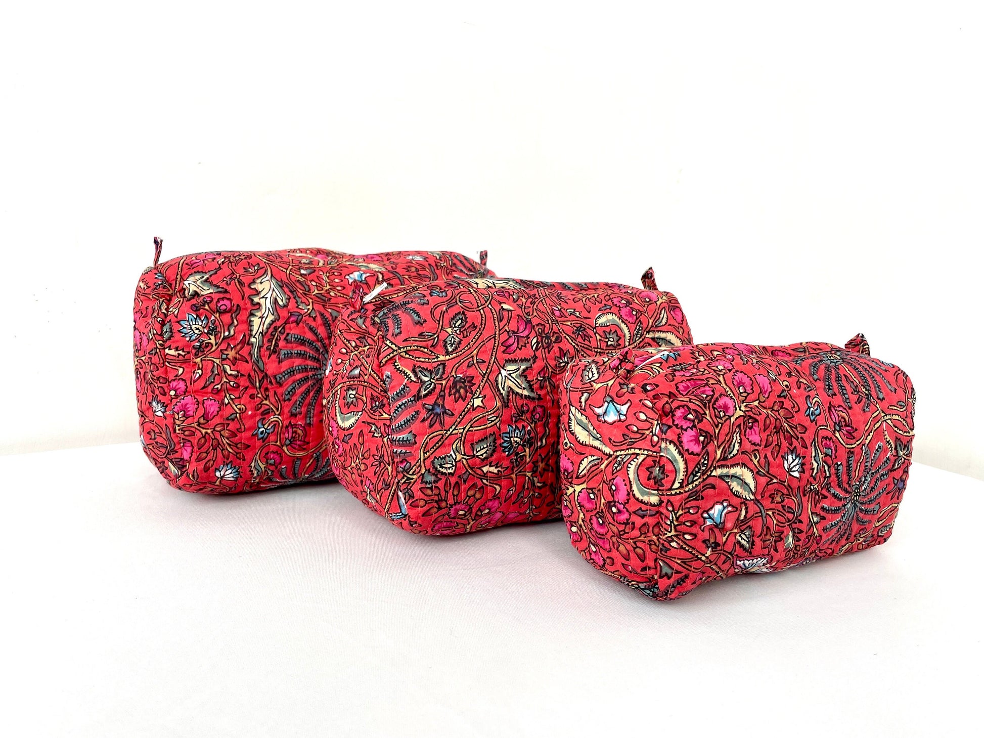Cotton Quilted Toiletry Bag, Elegant Floral Hand Block Print Fabric Wash Bag, Pack of 3 Red Makeup Bag, Gift for She, Her