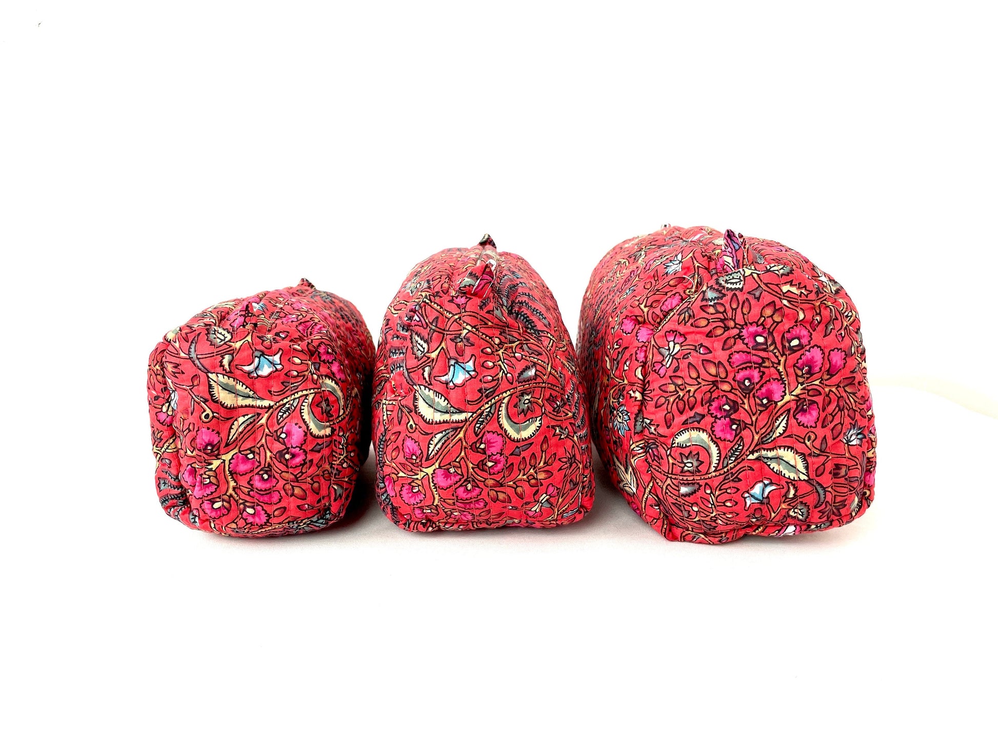 Cotton Quilted Toiletry Bag, Elegant Floral Hand Block Print Fabric Wash Bag, Pack of 3 Red Makeup Bag, Gift for She, Her
