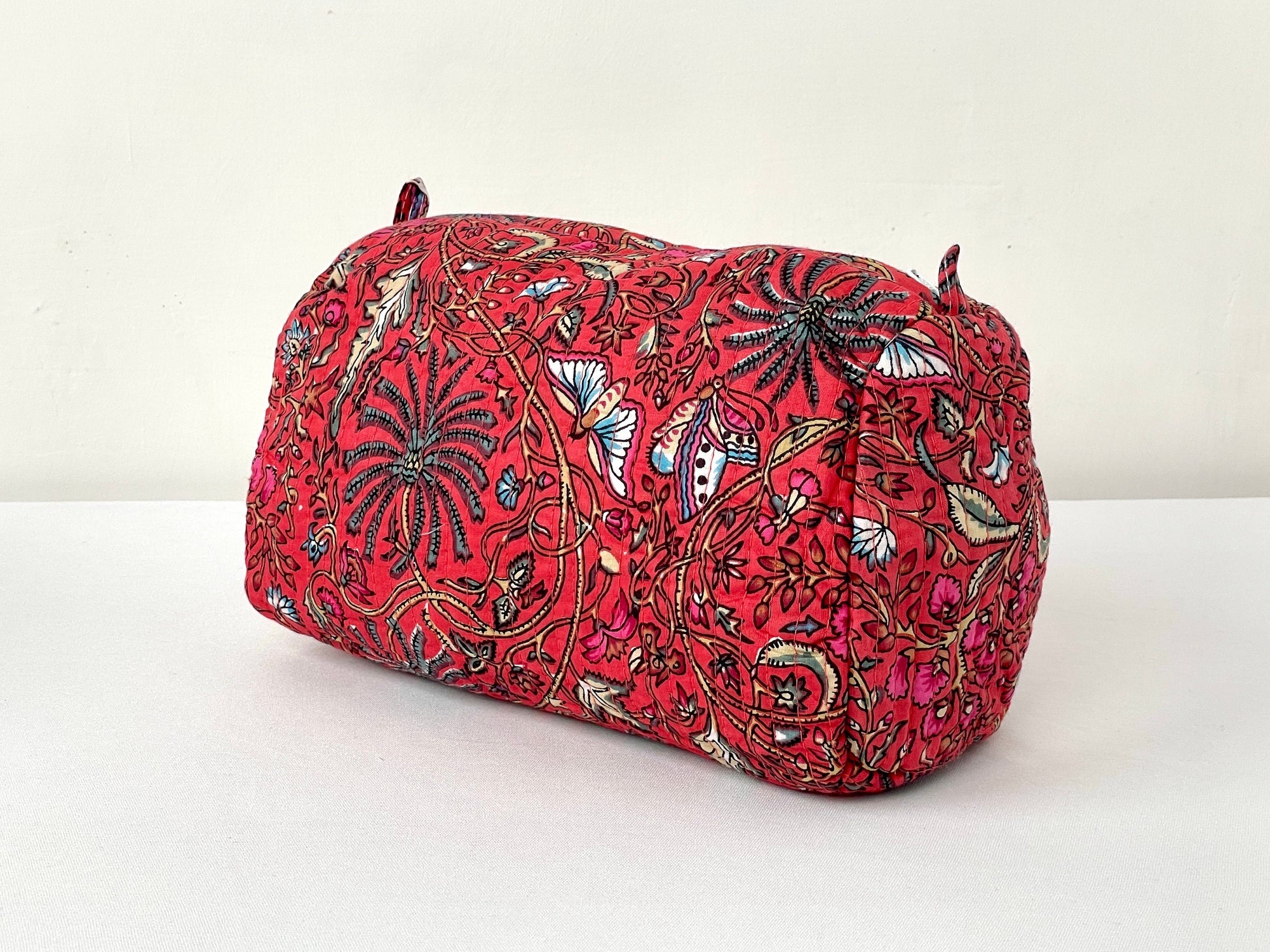 Cotton Quilted Toiletry Bag, Elegant Floral Hand Block Print Fabric Wash Bag, Pack of 3 Red Makeup Bag, Gift for She, Her