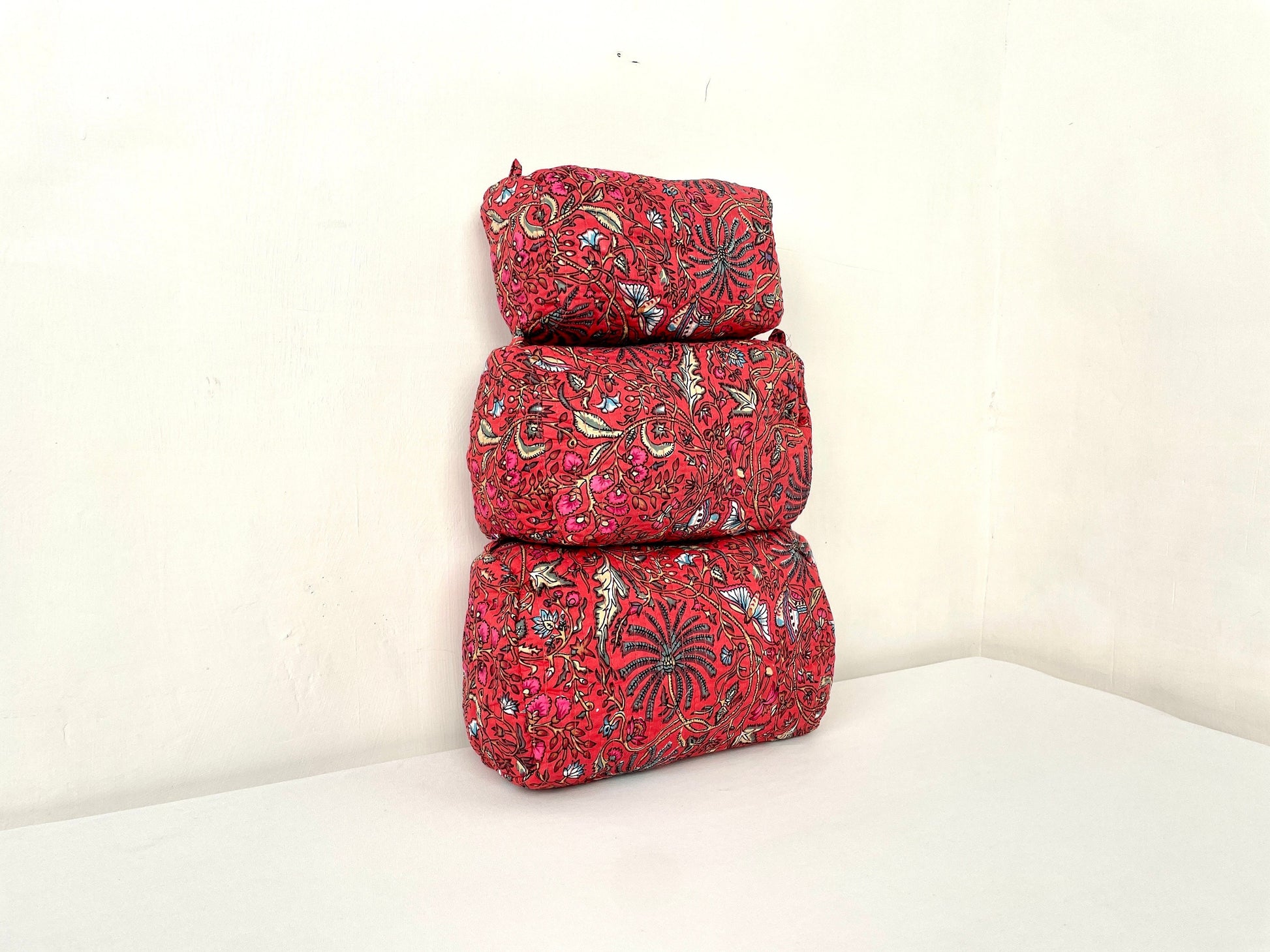 Cotton Quilted Toiletry Bag, Elegant Floral Hand Block Print Fabric Wash Bag, Pack of 3 Red Makeup Bag, Gift for She, Her