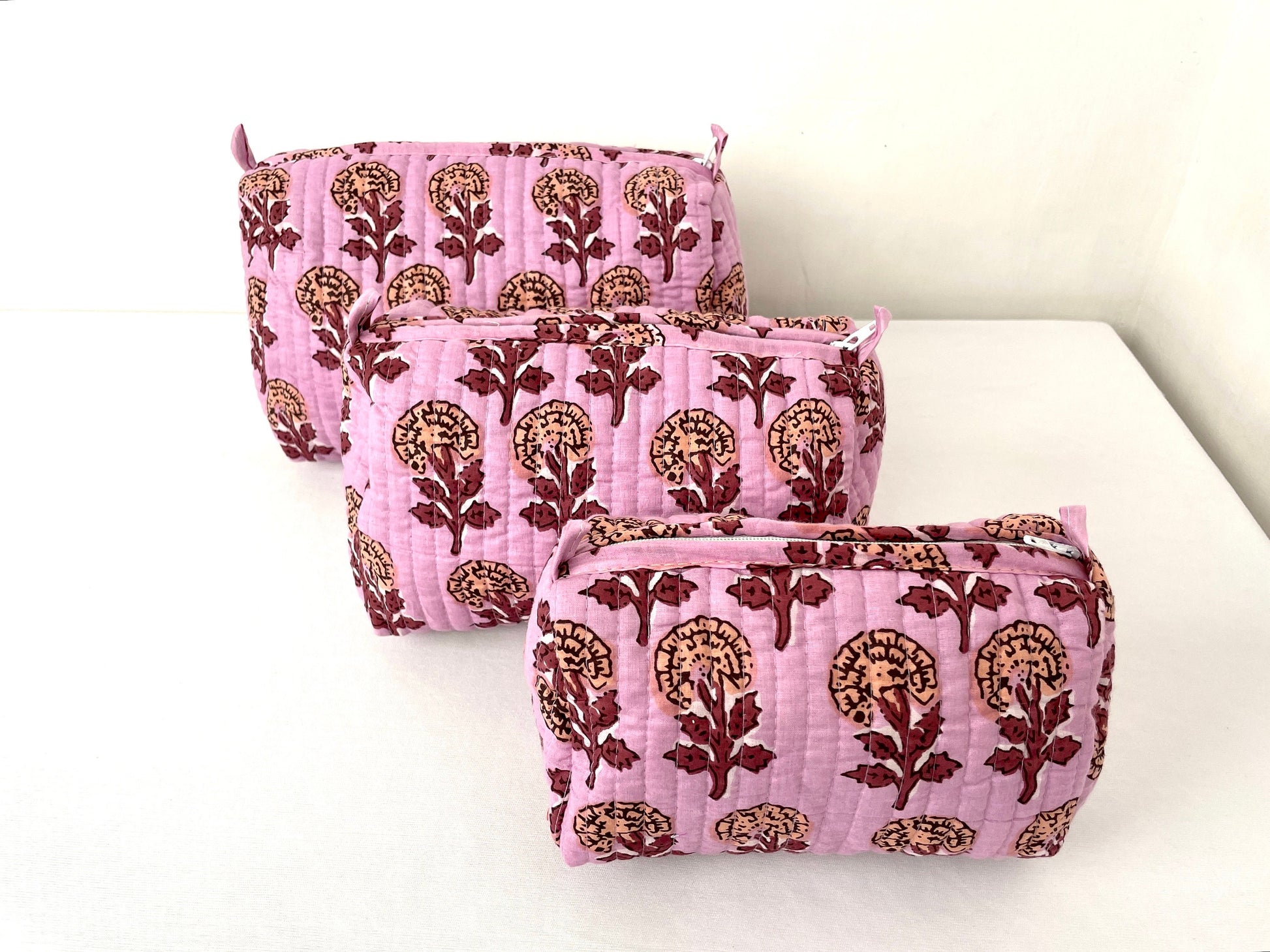 Cotton Quilted Toiletry Bag, Elegant Floral Hand Block Print Fabric Wash Bag, Pack of 3 Pink Makeup Bag, Gift for She, Her