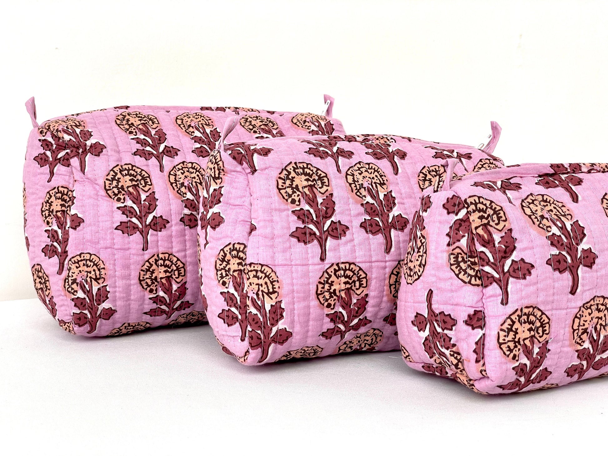 Cotton Quilted Toiletry Bag, Elegant Floral Hand Block Print Fabric Wash Bag, Pack of 3 Pink Makeup Bag, Gift for She, Her