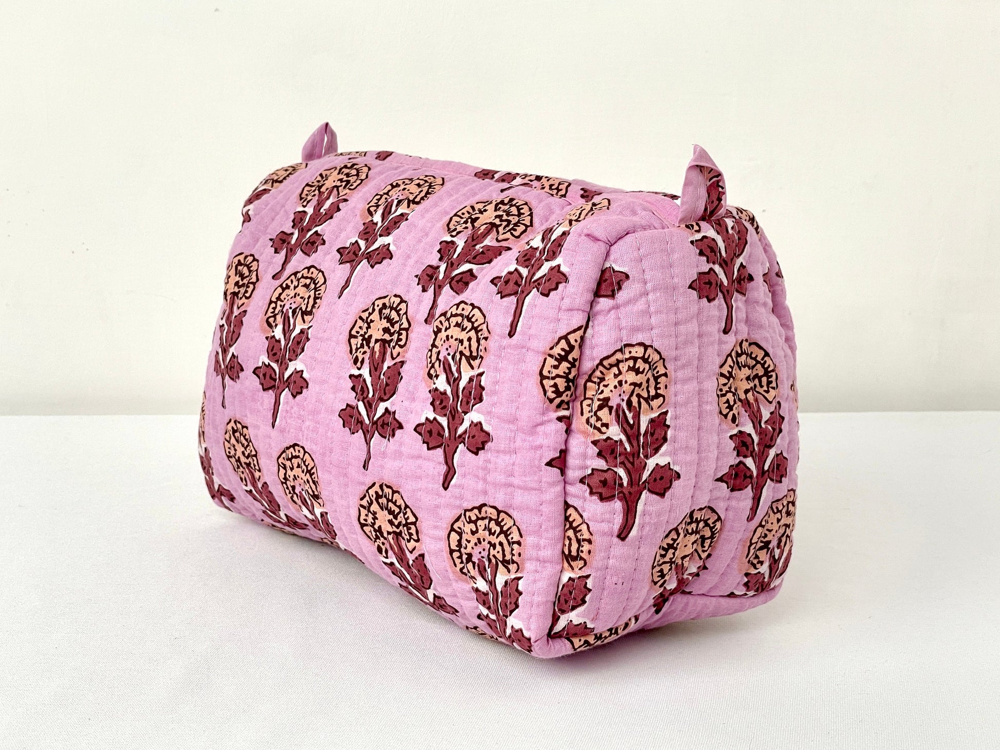 Cotton Quilted Toiletry Bag, Elegant Floral Hand Block Print Fabric Wash Bag, Pack of 3 Pink Makeup Bag, Gift for She, Her