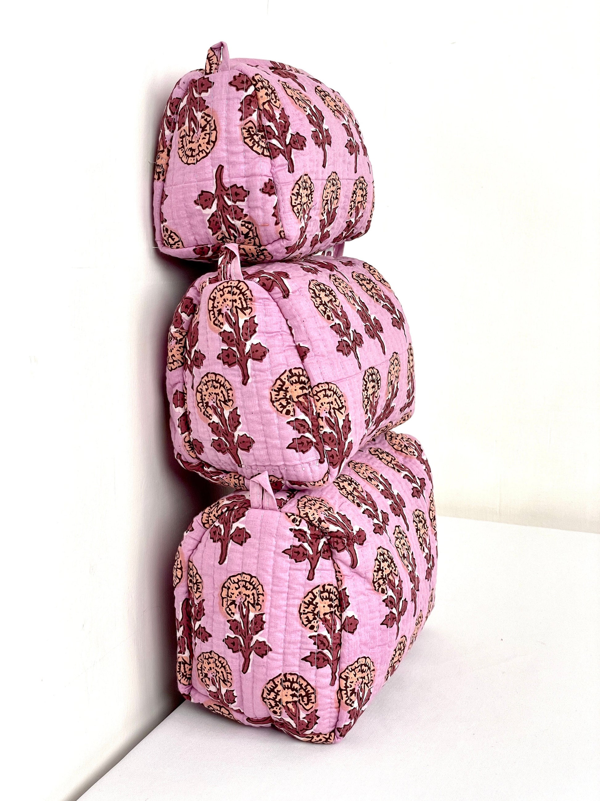 Cotton Quilted Toiletry Bag, Elegant Floral Hand Block Print Fabric Wash Bag, Pack of 3 Pink Makeup Bag, Gift for She, Her