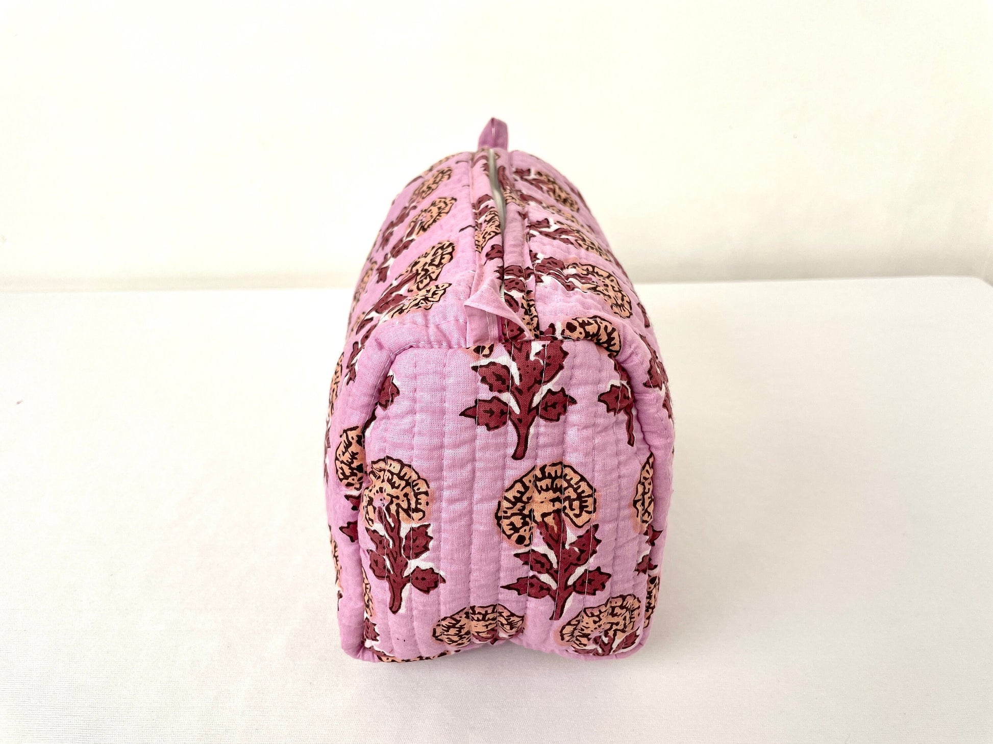 Cotton Quilted Toiletry Bag, Elegant Floral Hand Block Print Fabric Wash Bag, Pack of 3 Pink Makeup Bag, Gift for She, Her