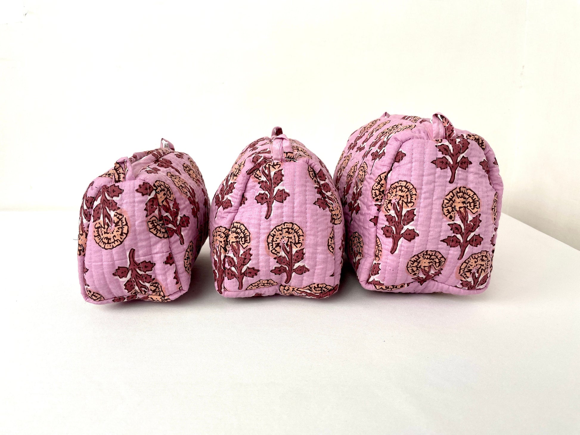 Cotton Quilted Toiletry Bag, Elegant Floral Hand Block Print Fabric Wash Bag, Pack of 3 Pink Makeup Bag, Gift for She, Her