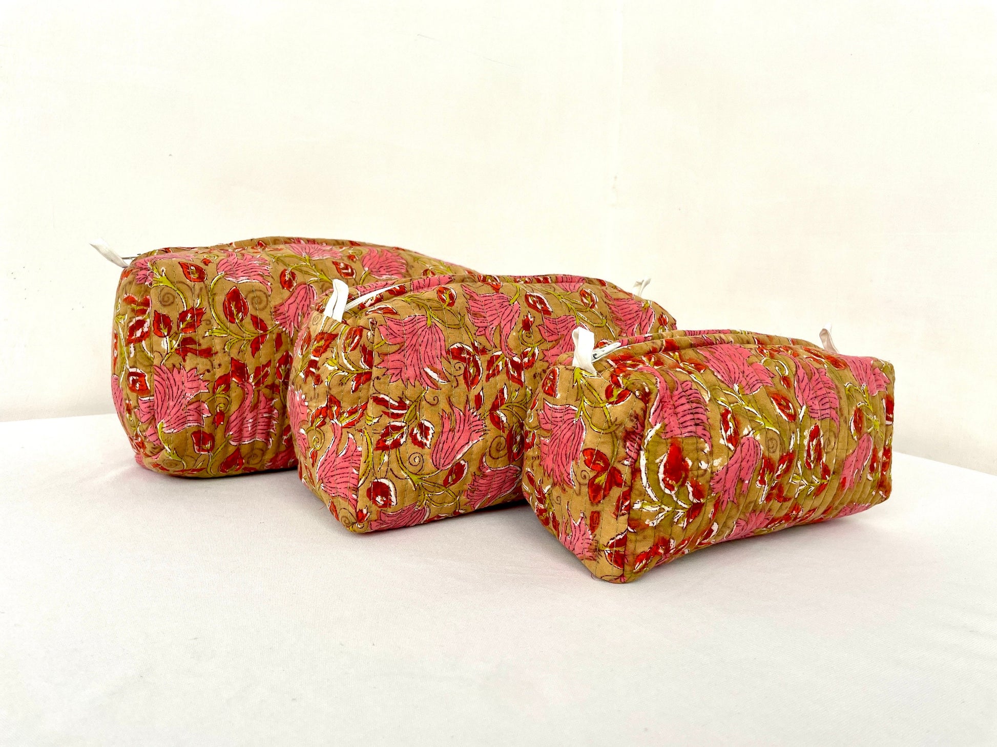 Cotton Quilted Toiletry Bag, Elegant Floral Hand Block Print Fabric Wash Bag, Pack of 3 Brown & Pink Makeup Bag, Gift for She, Her