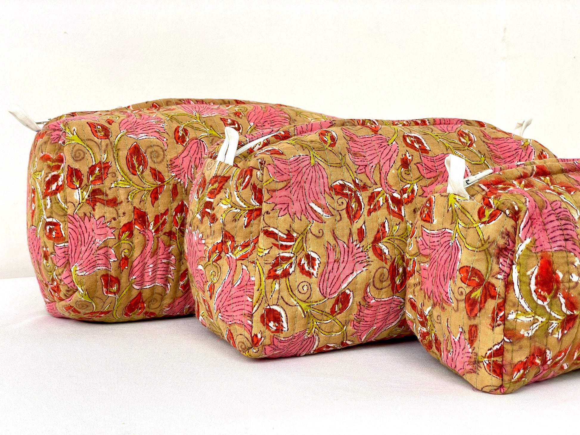 Cotton Quilted Toiletry Bag, Elegant Floral Hand Block Print Fabric Wash Bag, Pack of 3 Brown & Pink Makeup Bag, Gift for She, Her