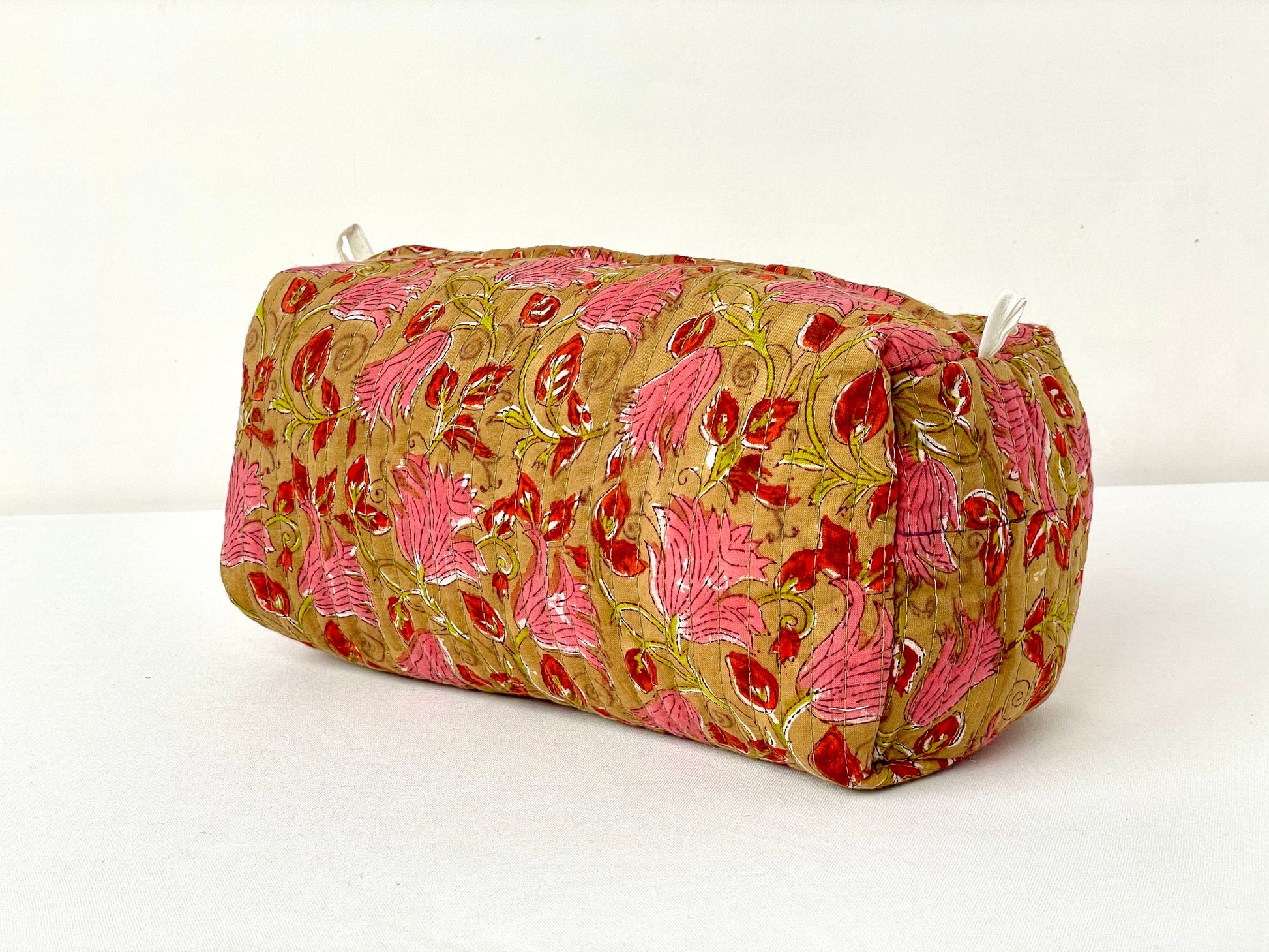 Cotton Quilted Toiletry Bag, Elegant Floral Hand Block Print Fabric Wash Bag, Pack of 3 Brown & Pink Makeup Bag, Gift for She, Her