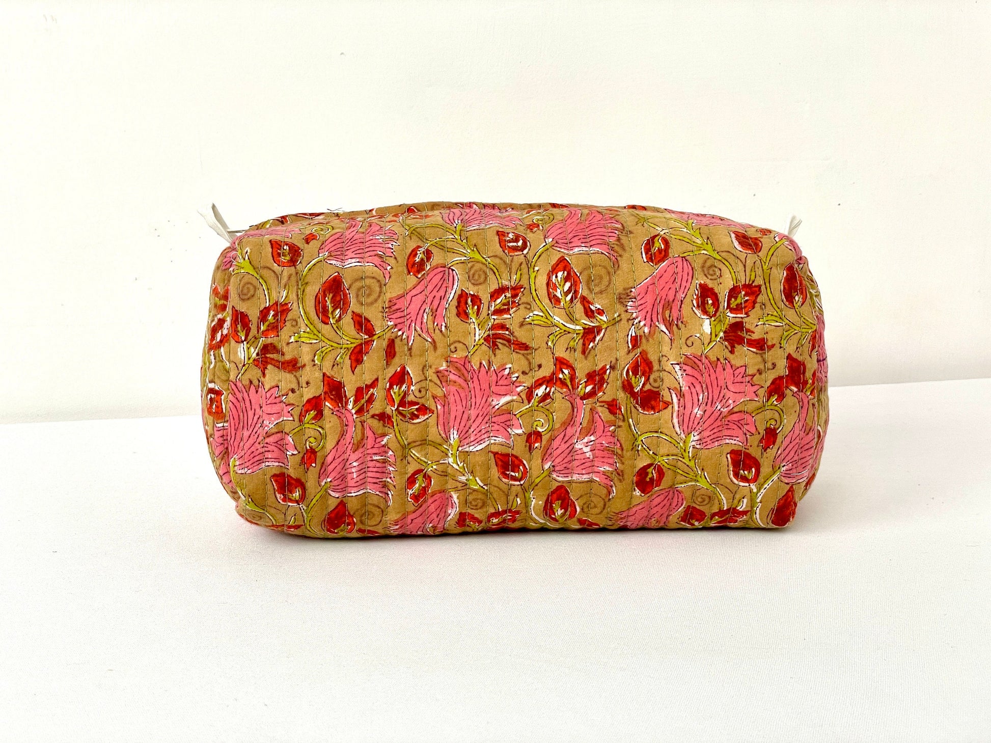 Cotton Quilted Toiletry Bag, Elegant Floral Hand Block Print Fabric Wash Bag, Pack of 3 Brown & Pink Makeup Bag, Gift for She, Her