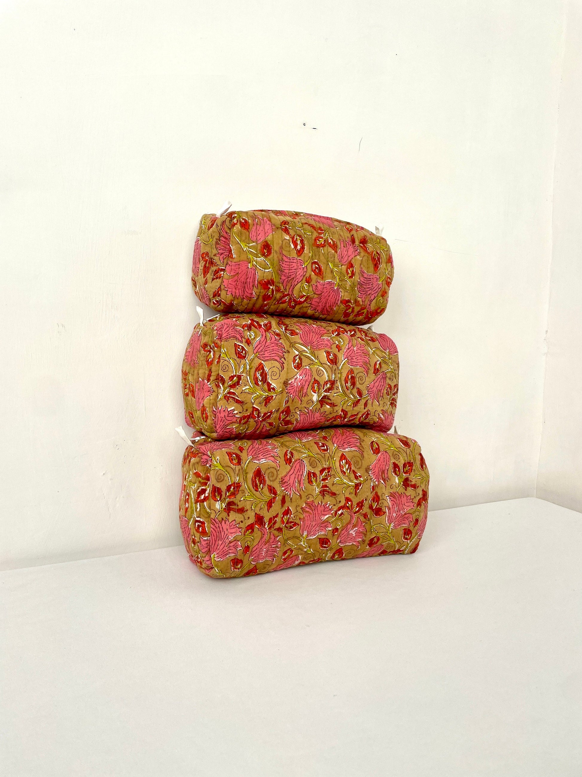 Cotton Quilted Toiletry Bag, Elegant Floral Hand Block Print Fabric Wash Bag, Pack of 3 Brown & Pink Makeup Bag, Gift for She, Her