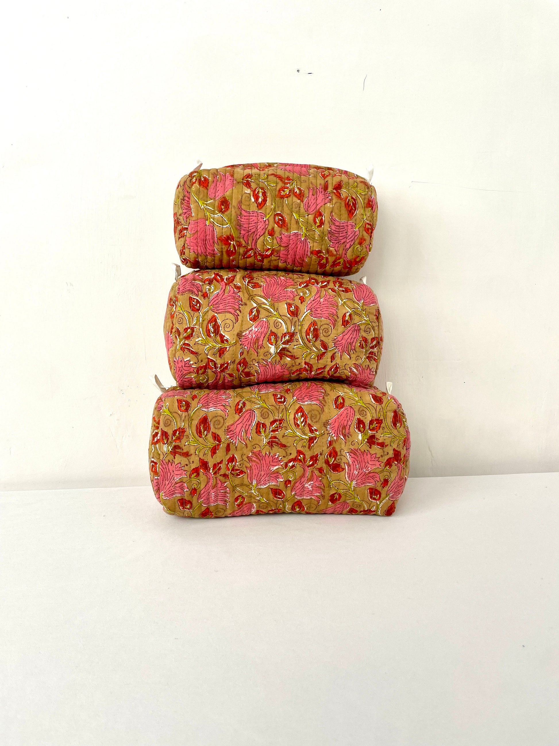 Cotton Quilted Toiletry Bag, Elegant Floral Hand Block Print Fabric Wash Bag, Pack of 3 Brown & Pink Makeup Bag, Gift for She, Her