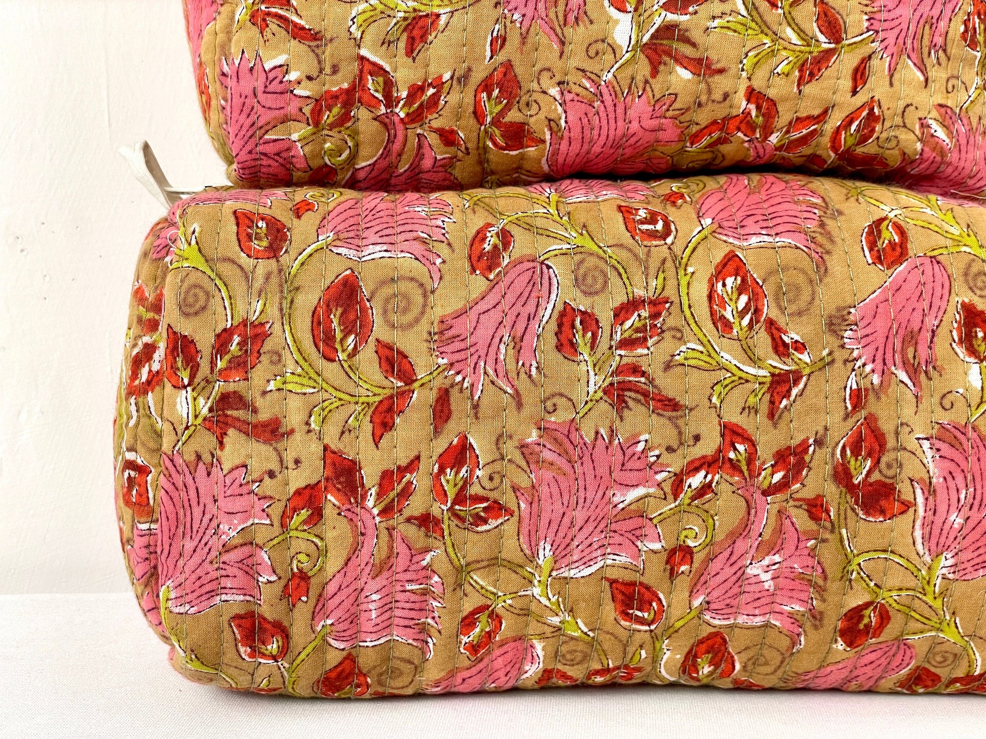 Cotton Quilted Toiletry Bag, Elegant Floral Hand Block Print Fabric Wash Bag, Pack of 3 Brown & Pink Makeup Bag, Gift for She, Her