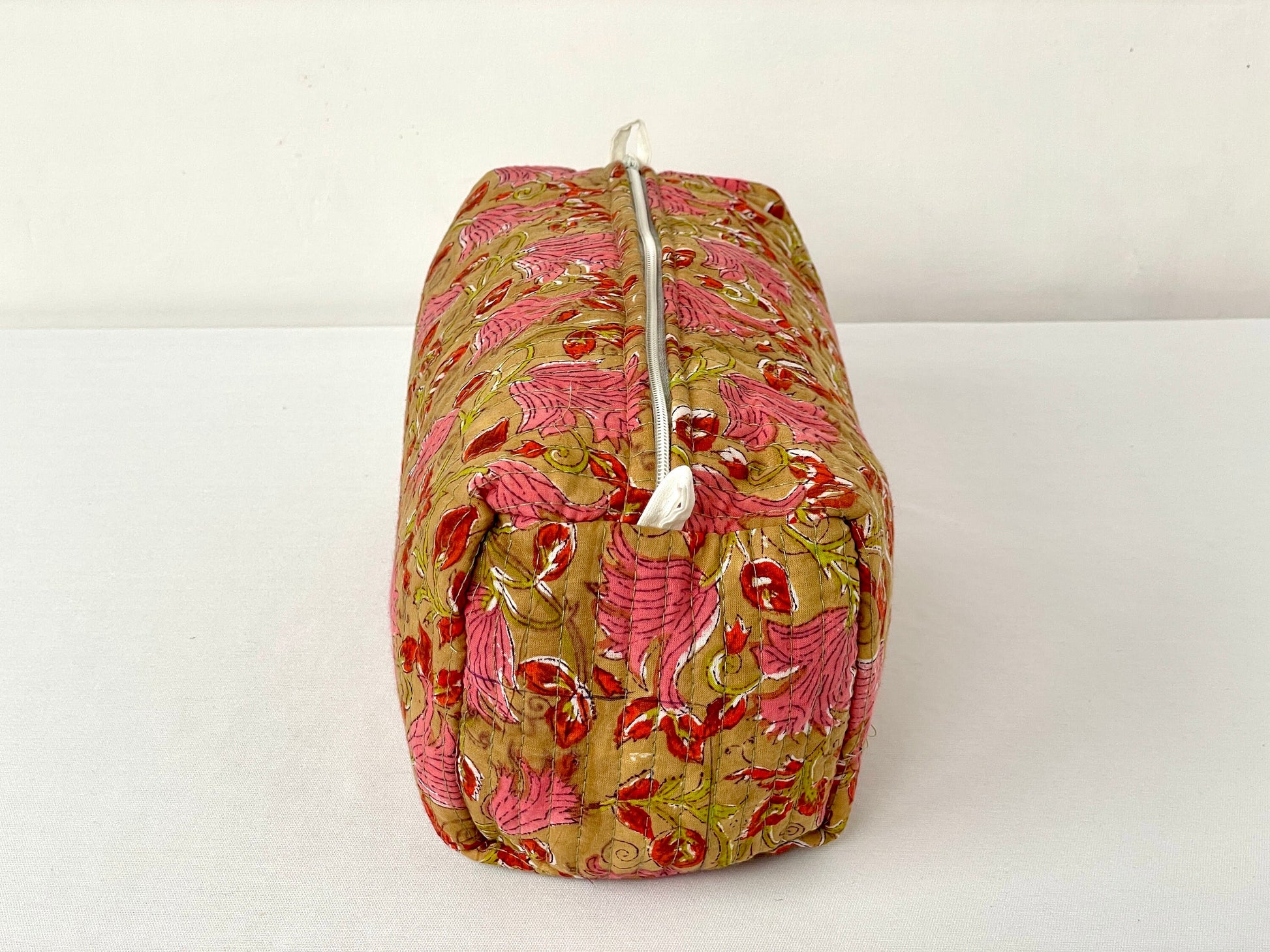 Cotton Quilted Toiletry Bag, Elegant Floral Hand Block Print Fabric Wash Bag, Pack of 3 Brown & Pink Makeup Bag, Gift for She, Her