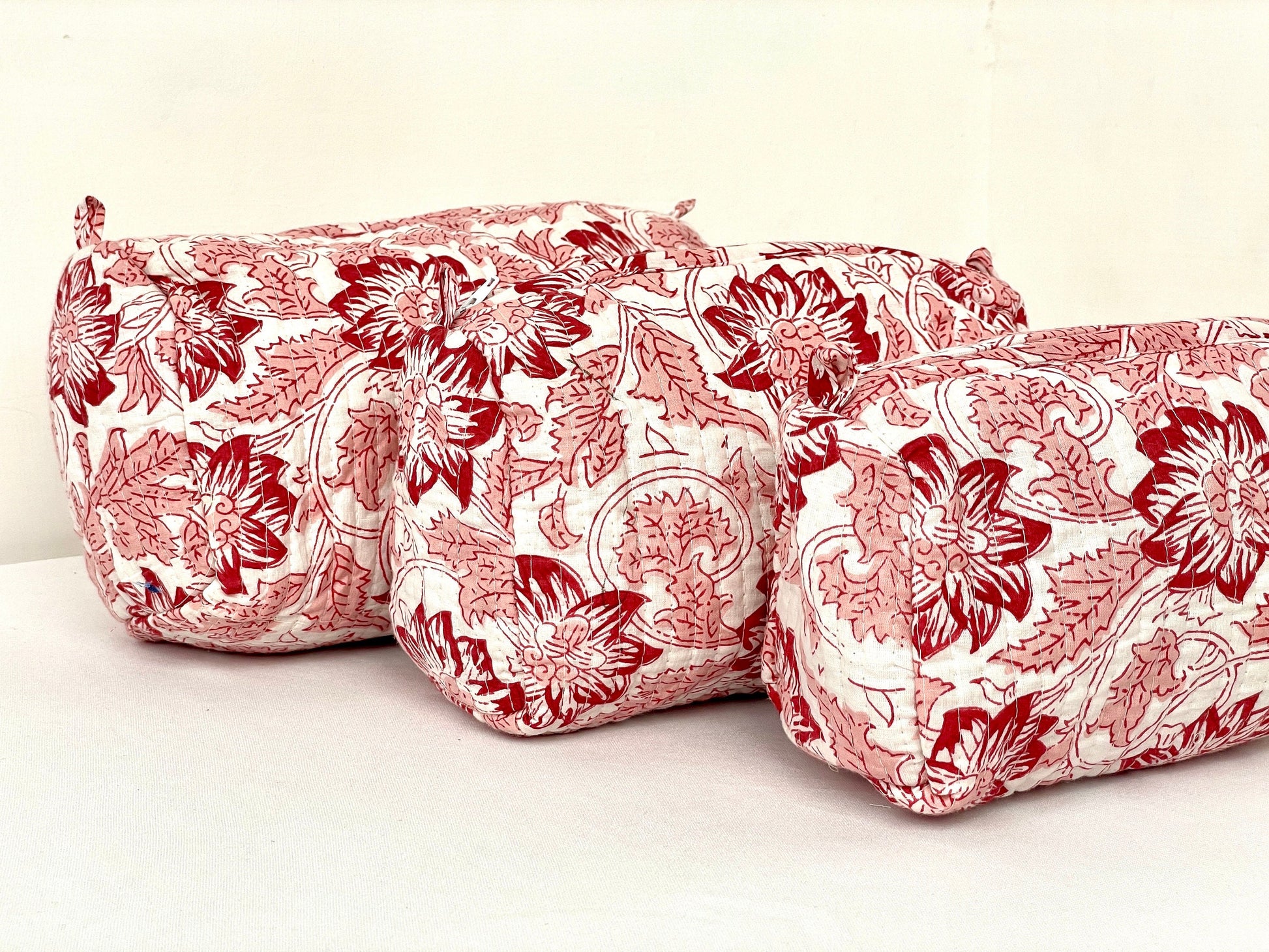 Cotton Quilted Toiletry Bag, Elegant Floral Hand Block Print Fabric Wash Bag, Pack of 3 White & Red Makeup Bag, Gift for She, Her