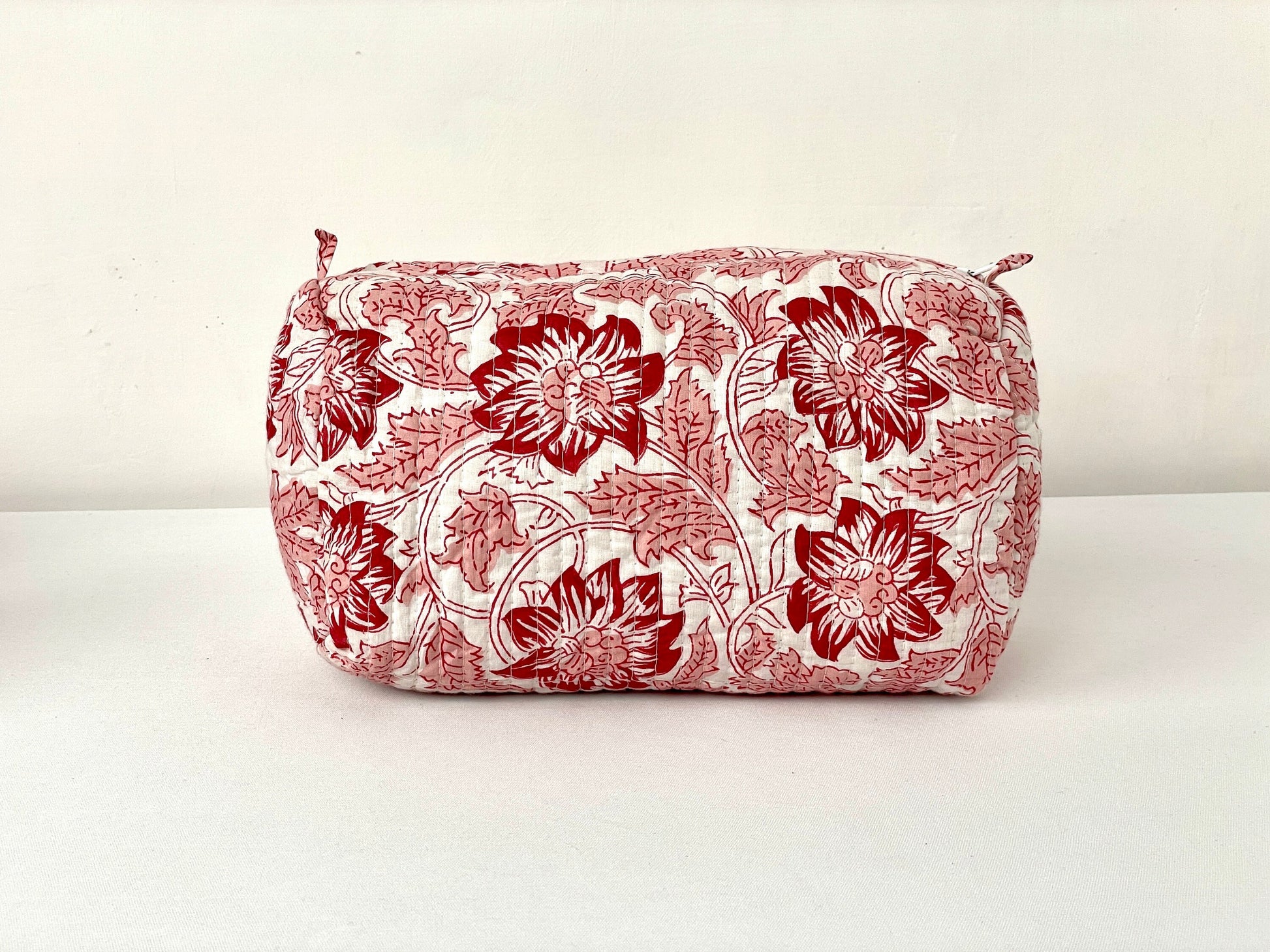 Cotton Quilted Toiletry Bag, Elegant Floral Hand Block Print Fabric Wash Bag, Pack of 3 White & Red Makeup Bag, Gift for She, Her