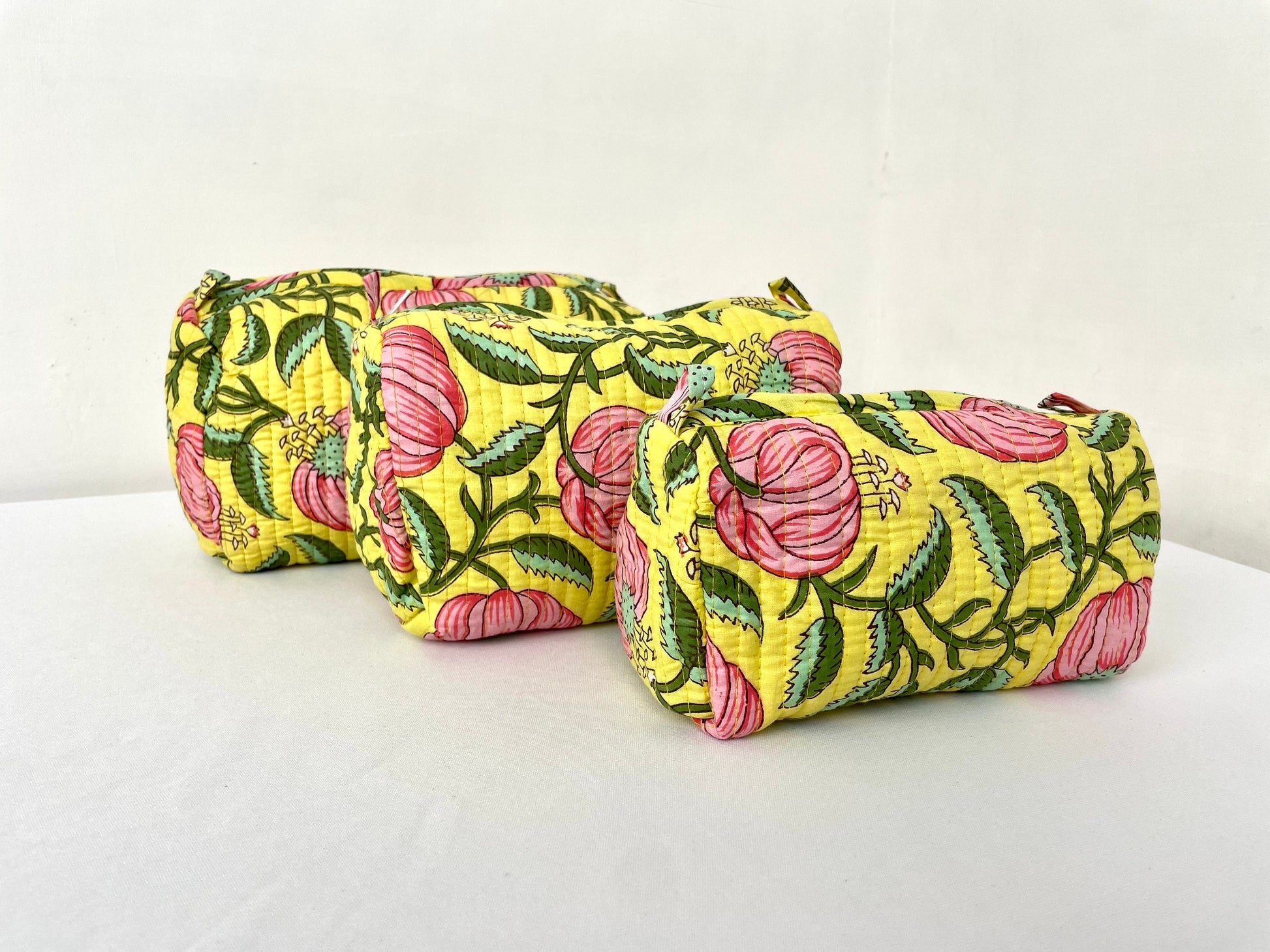 Cotton Quilted Toiletry Bag, Elegant Floral Hand Block Print Fabric Wash Bag, Pack of 3 Yellow & Pink Makeup Bag, Gift for She, Her