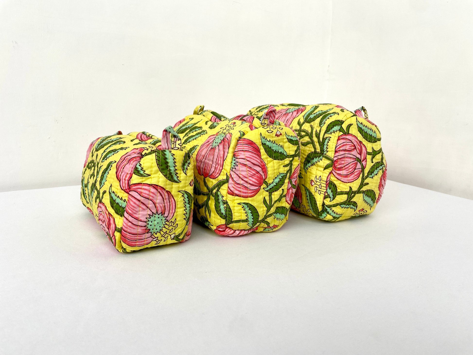 Cotton Quilted Toiletry Bag, Elegant Floral Hand Block Print Fabric Wash Bag, Pack of 3 Yellow & Pink Makeup Bag, Gift for She, Her