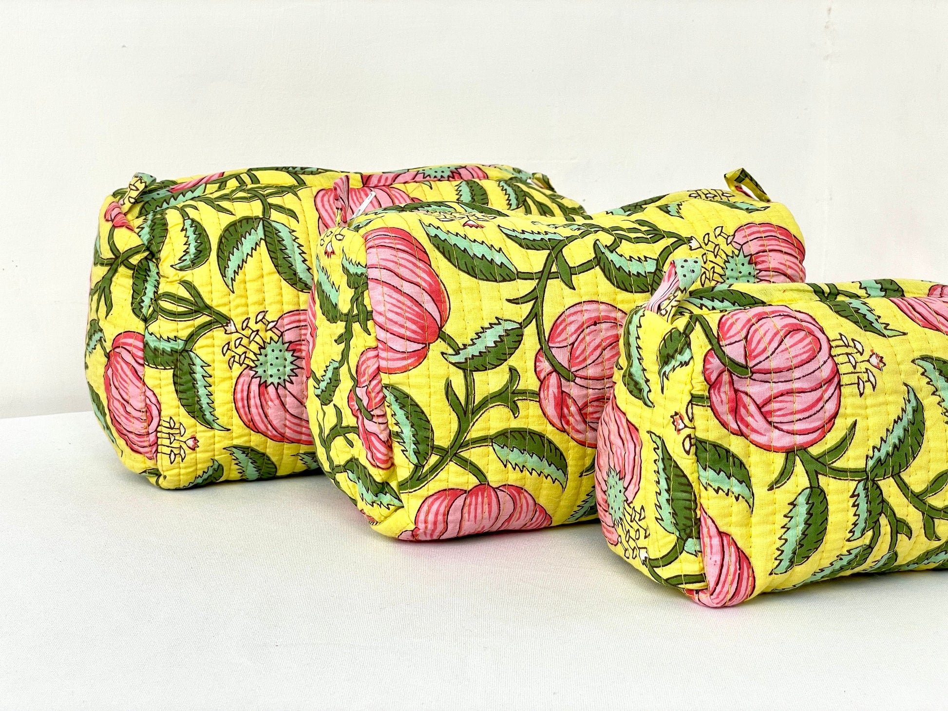 Cotton Quilted Toiletry Bag, Elegant Floral Hand Block Print Fabric Wash Bag, Pack of 3 Yellow & Pink Makeup Bag, Gift for She, Her