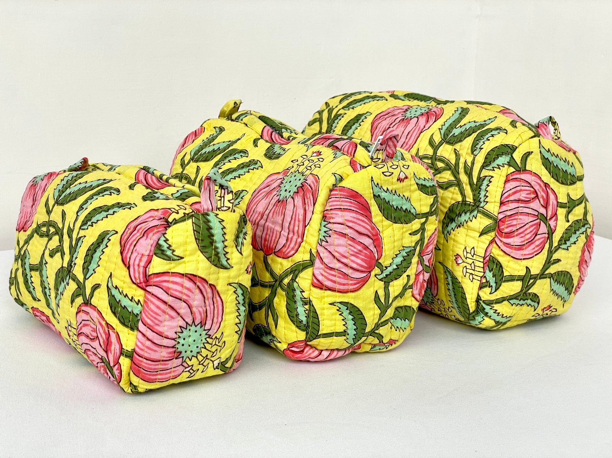 Cotton Quilted Toiletry Bag, Elegant Floral Hand Block Print Fabric Wash Bag, Pack of 3 Yellow & Pink Makeup Bag, Gift for She, Her