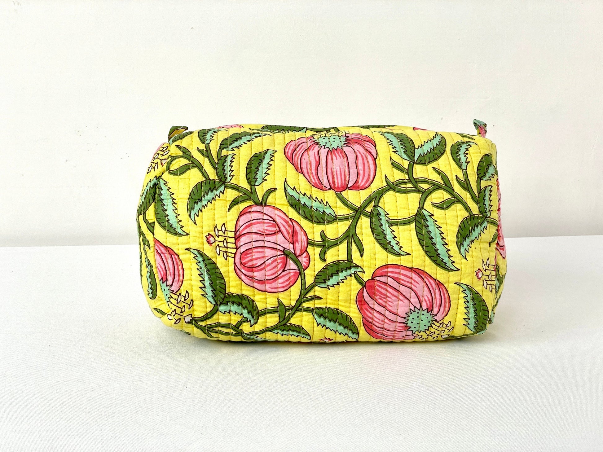 Cotton Quilted Toiletry Bag, Elegant Floral Hand Block Print Fabric Wash Bag, Pack of 3 Yellow & Pink Makeup Bag, Gift for She, Her