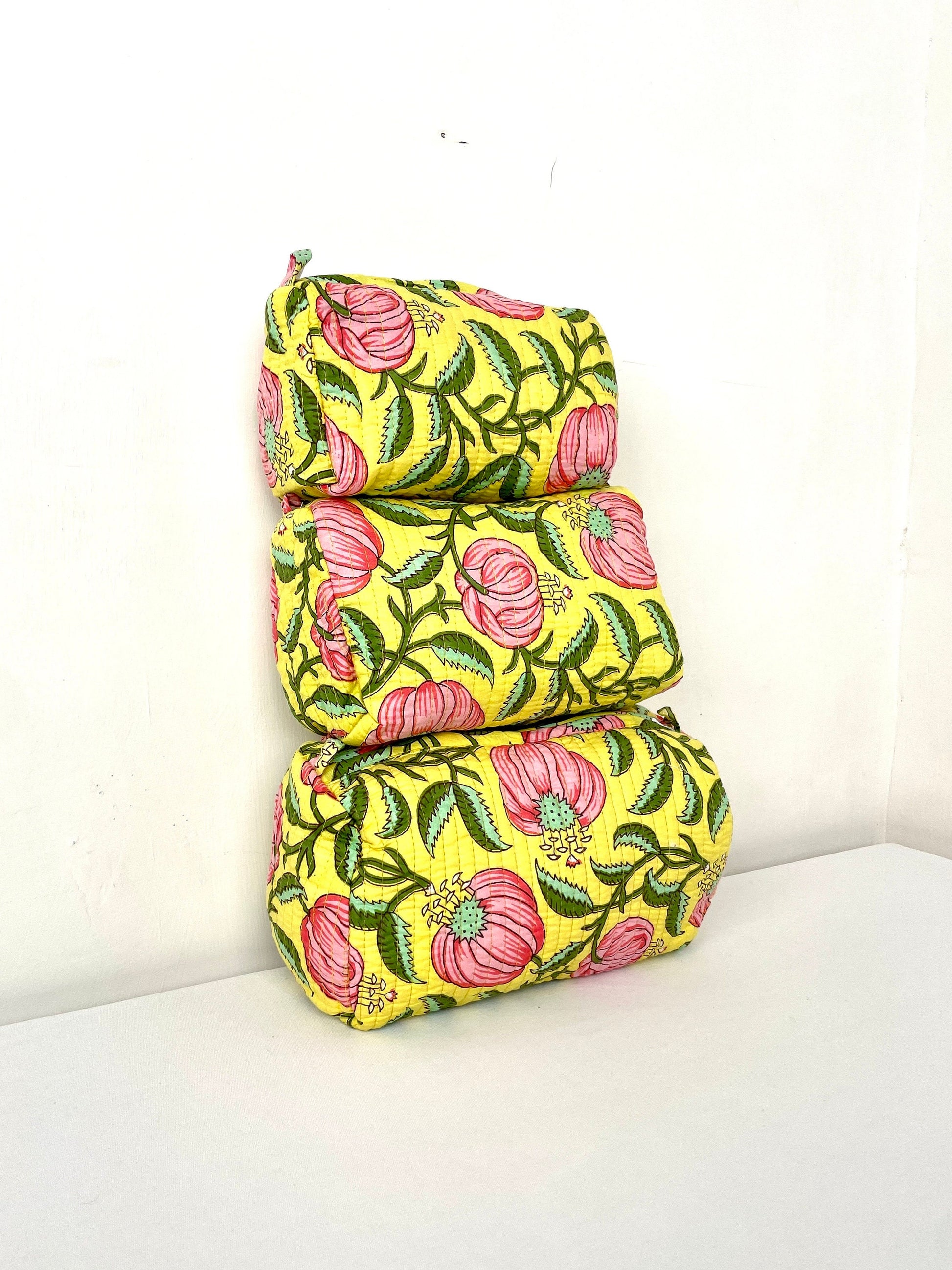 Cotton Quilted Toiletry Bag, Elegant Floral Hand Block Print Fabric Wash Bag, Pack of 3 Yellow & Pink Makeup Bag, Gift for She, Her