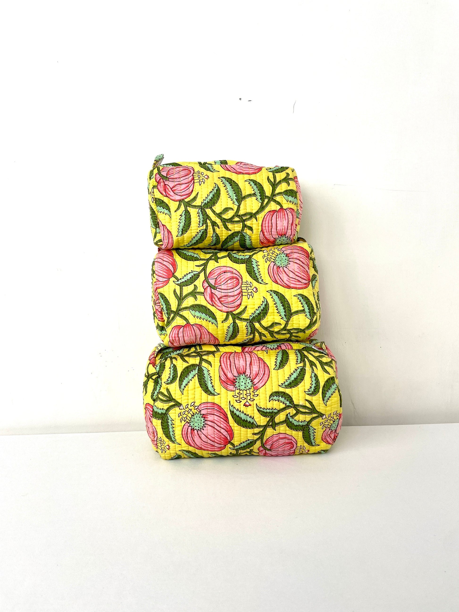 Cotton Quilted Toiletry Bag, Elegant Floral Hand Block Print Fabric Wash Bag, Pack of 3 Yellow & Pink Makeup Bag, Gift for She, Her