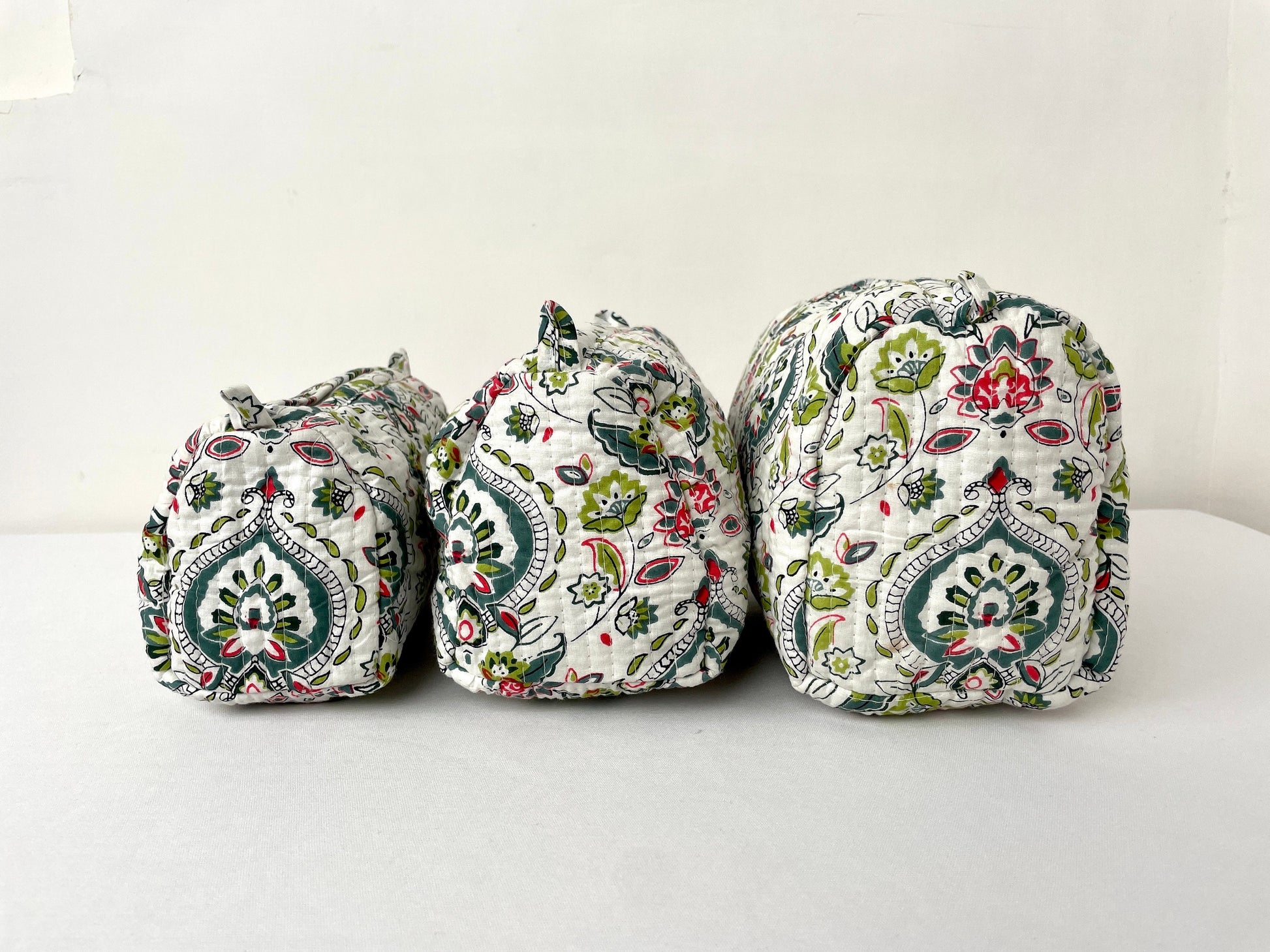 Cotton Quilted Toiletry Bag, Elegant Floral Hand Block Print Fabric Wash Bag, Pack of 3 White & Green Makeup Bag, Gift for She, Her