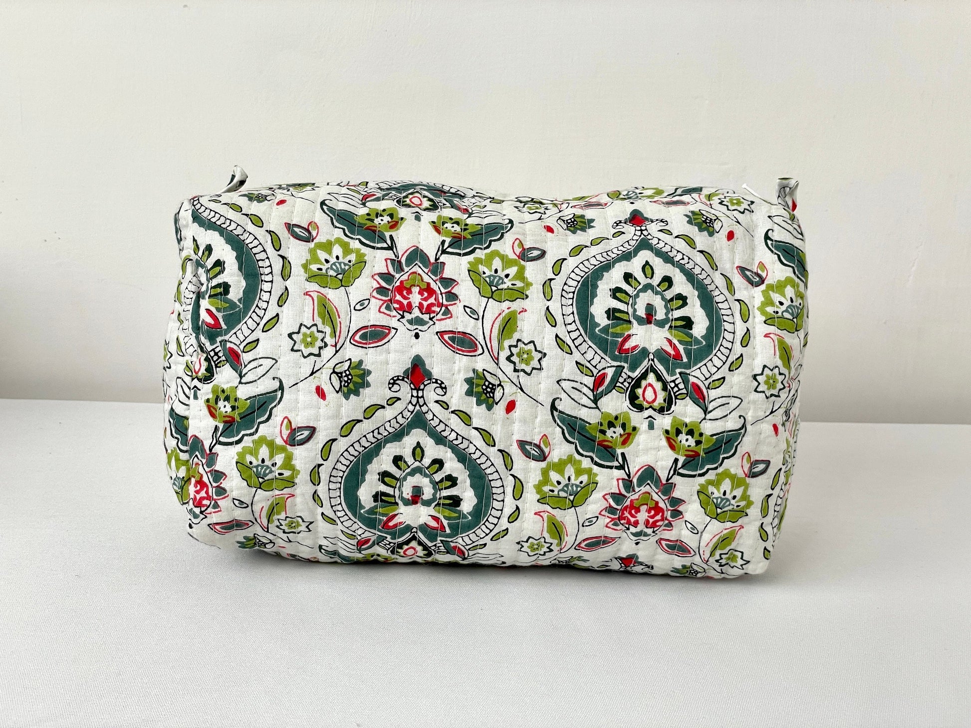 Cotton Quilted Toiletry Bag, Elegant Floral Hand Block Print Fabric Wash Bag, Pack of 3 White & Green Makeup Bag, Gift for She, Her