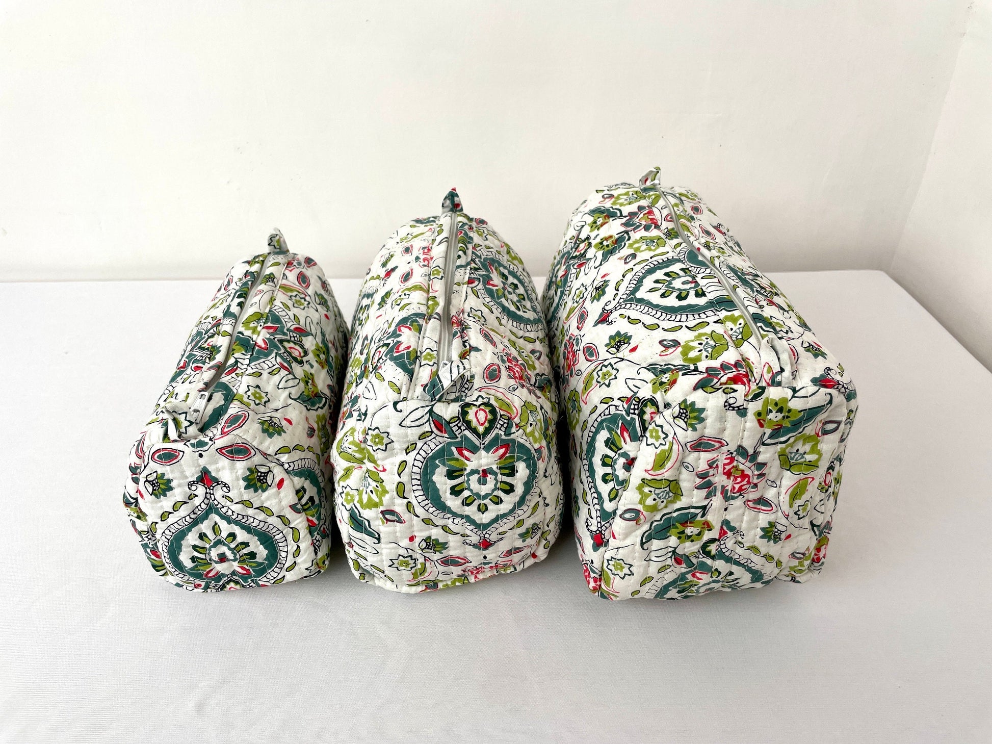 Cotton Quilted Toiletry Bag, Elegant Floral Hand Block Print Fabric Wash Bag, Pack of 3 White & Green Makeup Bag, Gift for She, Her