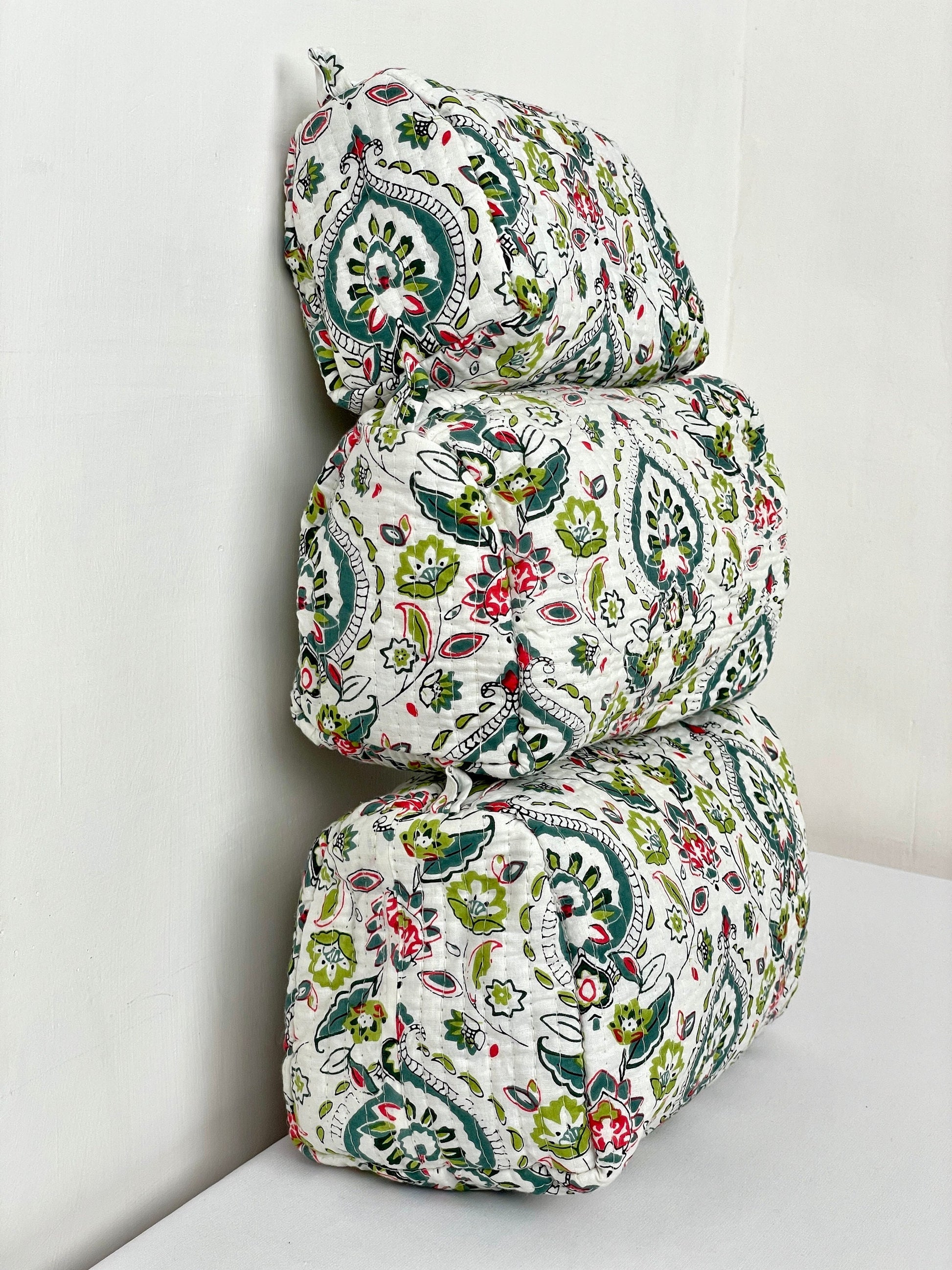 Cotton Quilted Toiletry Bag, Elegant Floral Hand Block Print Fabric Wash Bag, Pack of 3 White & Green Makeup Bag, Gift for She, Her
