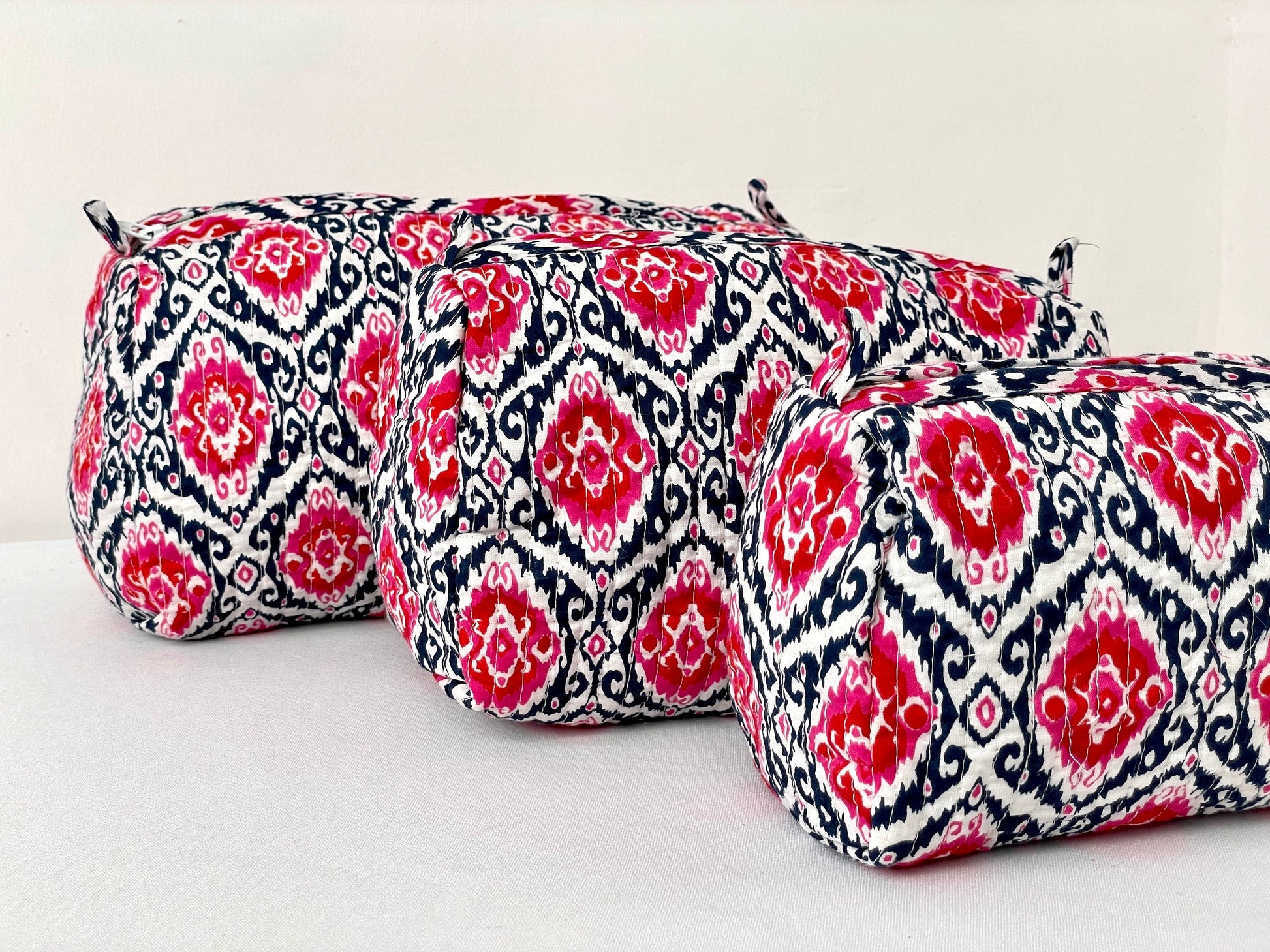 Cotton Quilted Toiletry Bag, Elegant Floral Hand Block Print Fabric Wash Bag, Pack of 3 White & Pink Makeup Bag, Gift for She, Her