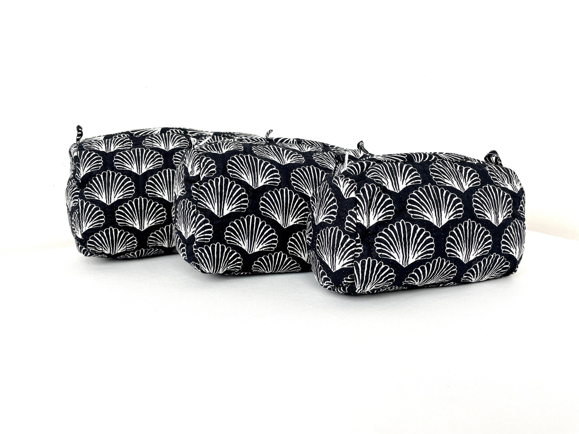 Cotton Quilted Toiletry Bag, Elegant Floral Hand Block Print Fabric Wash Bag, Pack of 3 Black & White Makeup Bag, Gift for She, Her