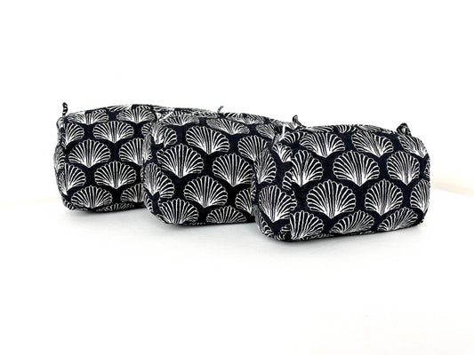 Cotton Quilted Toiletry Bag, Elegant Floral Hand Block Print Fabric Wash Bag, Pack of 3 Black & White Makeup Bag, Gift for She, Her