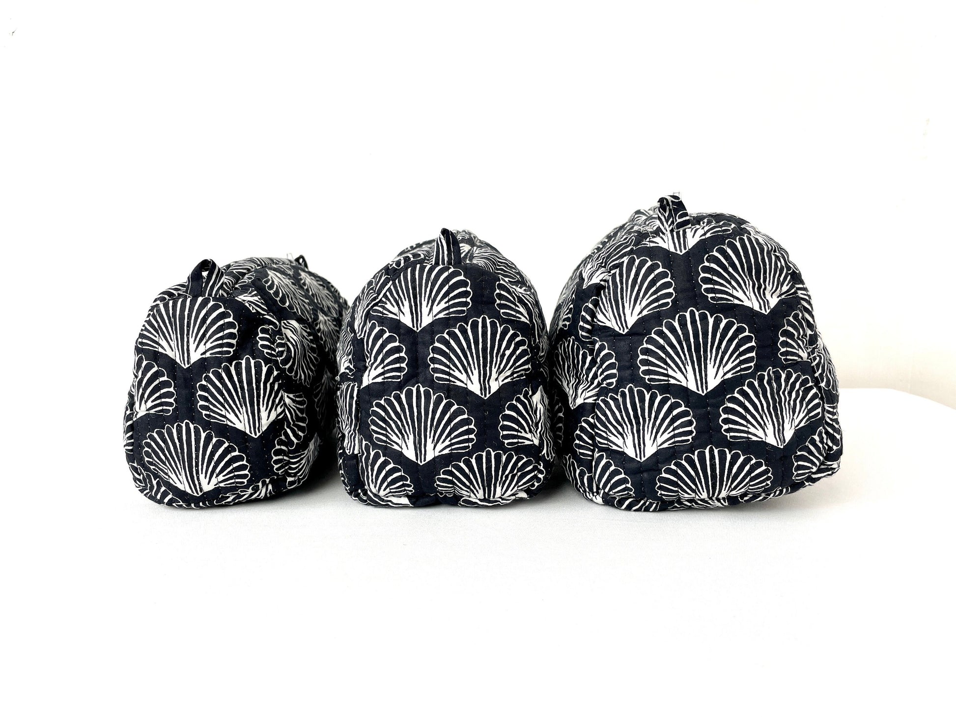 Cotton Quilted Toiletry Bag, Elegant Floral Hand Block Print Fabric Wash Bag, Pack of 3 Black & White Makeup Bag, Gift for She, Her
