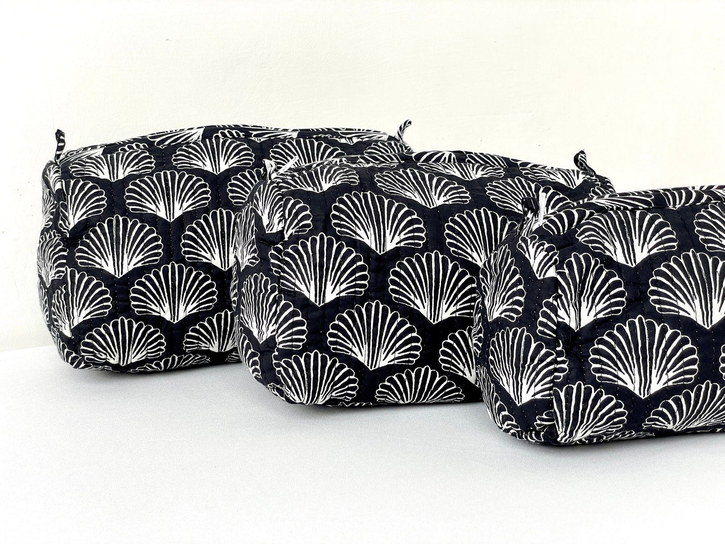Cotton Quilted Toiletry Bag, Elegant Floral Hand Block Print Fabric Wash Bag, Pack of 3 Black & White Makeup Bag, Gift for She, Her