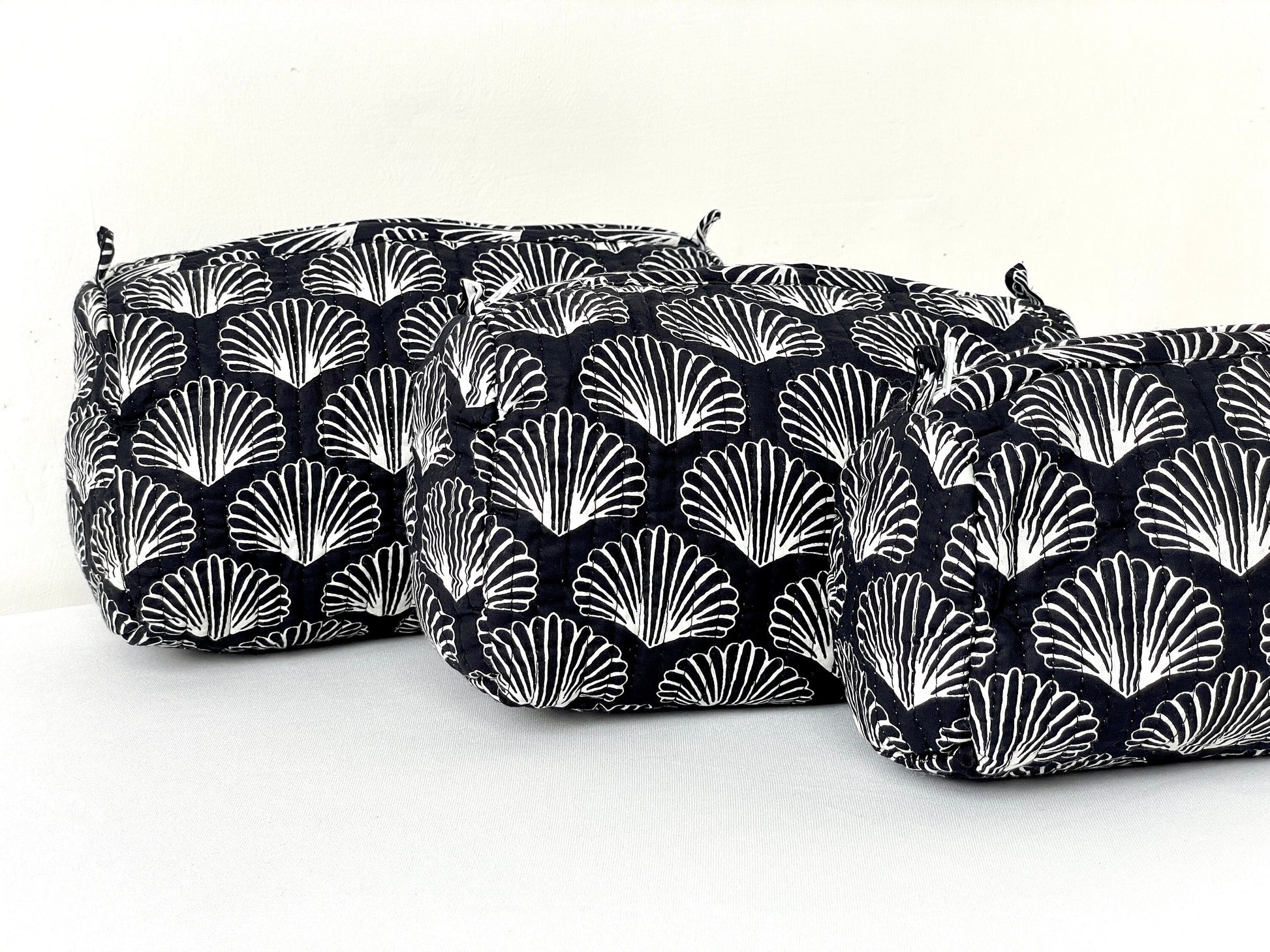 Cotton Quilted Toiletry Bag, Elegant Floral Hand Block Print Fabric Wash Bag, Pack of 3 Black & White Makeup Bag, Gift for She, Her