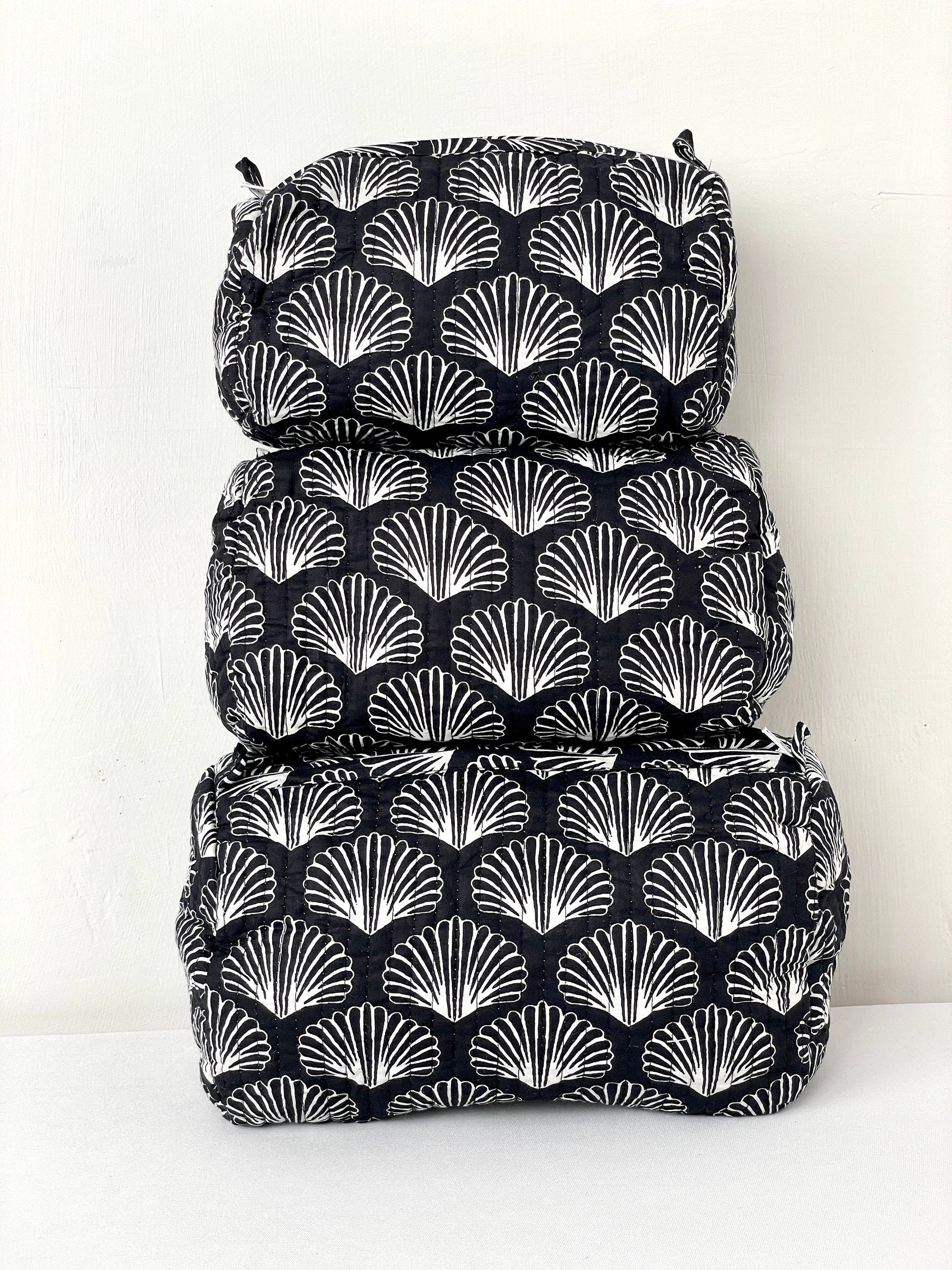 Cotton Quilted Toiletry Bag, Elegant Floral Hand Block Print Fabric Wash Bag, Pack of 3 Black & White Makeup Bag, Gift for She, Her