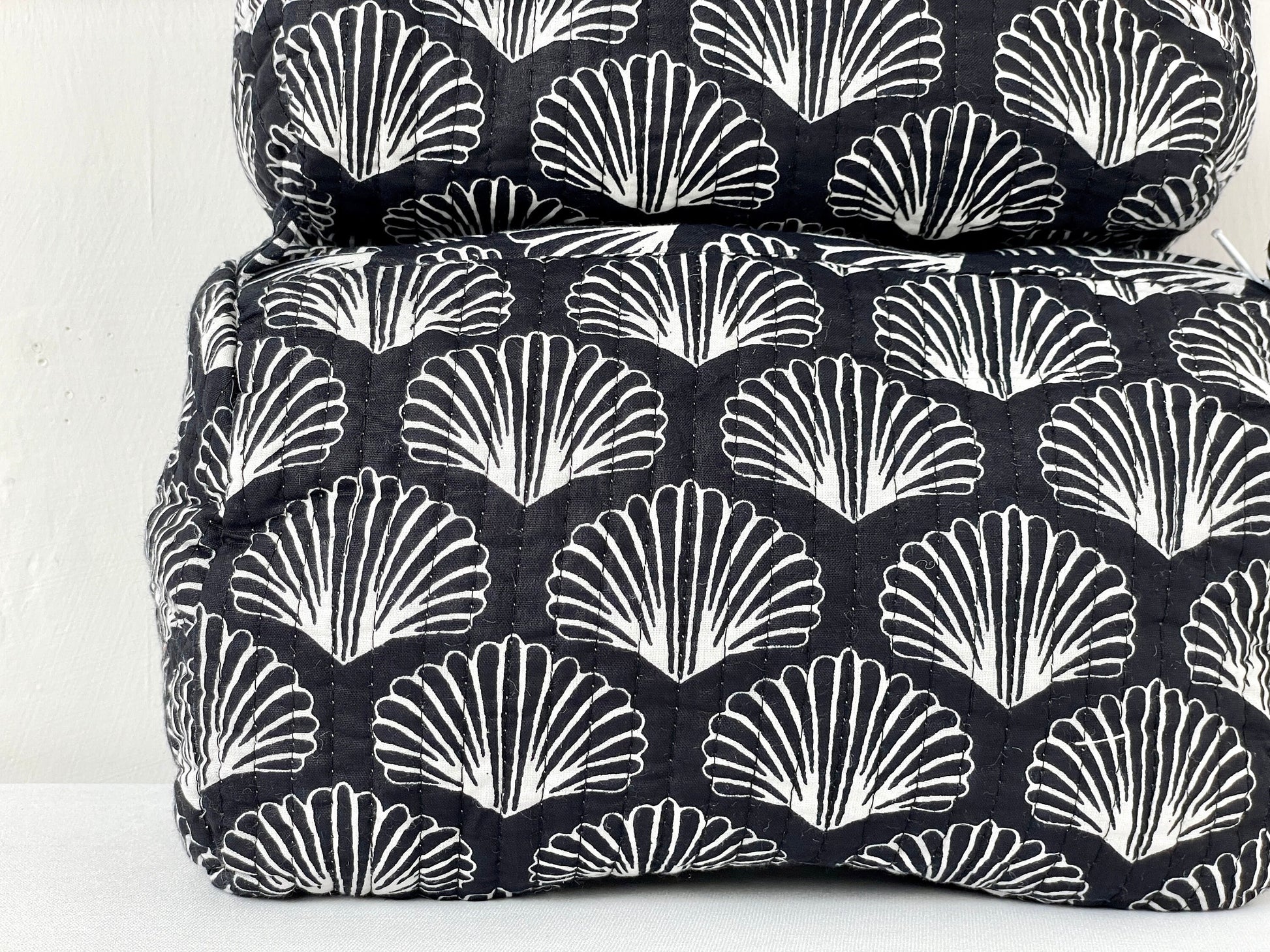 Cotton Quilted Toiletry Bag, Elegant Floral Hand Block Print Fabric Wash Bag, Pack of 3 Black & White Makeup Bag, Gift for She, Her
