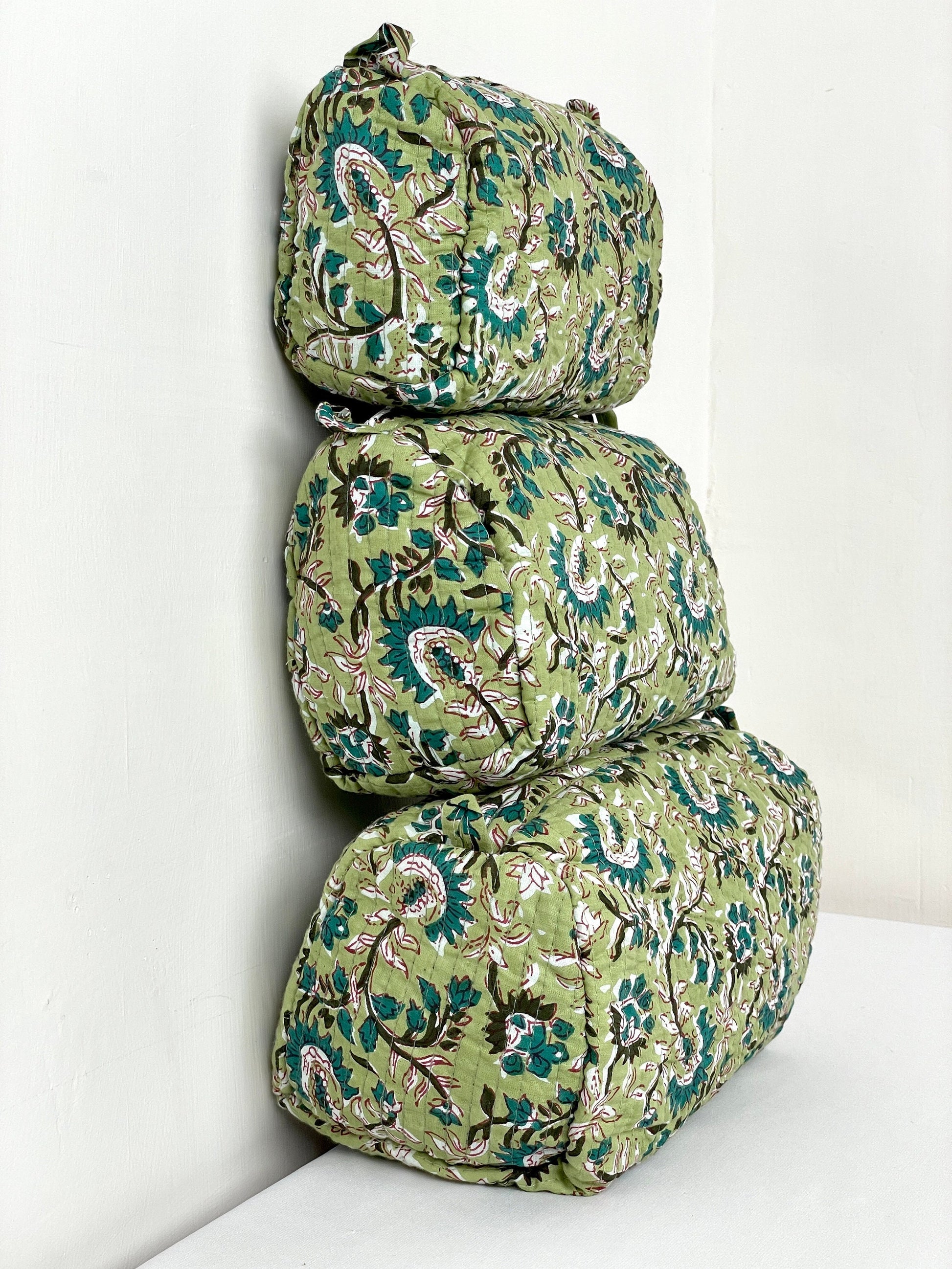 Cotton Quilted Toiletry Bag, Elegant Floral Hand Block Print Fabric Wash Bag, Pack of 3 Green & White Makeup Bag, Gift for She, Her