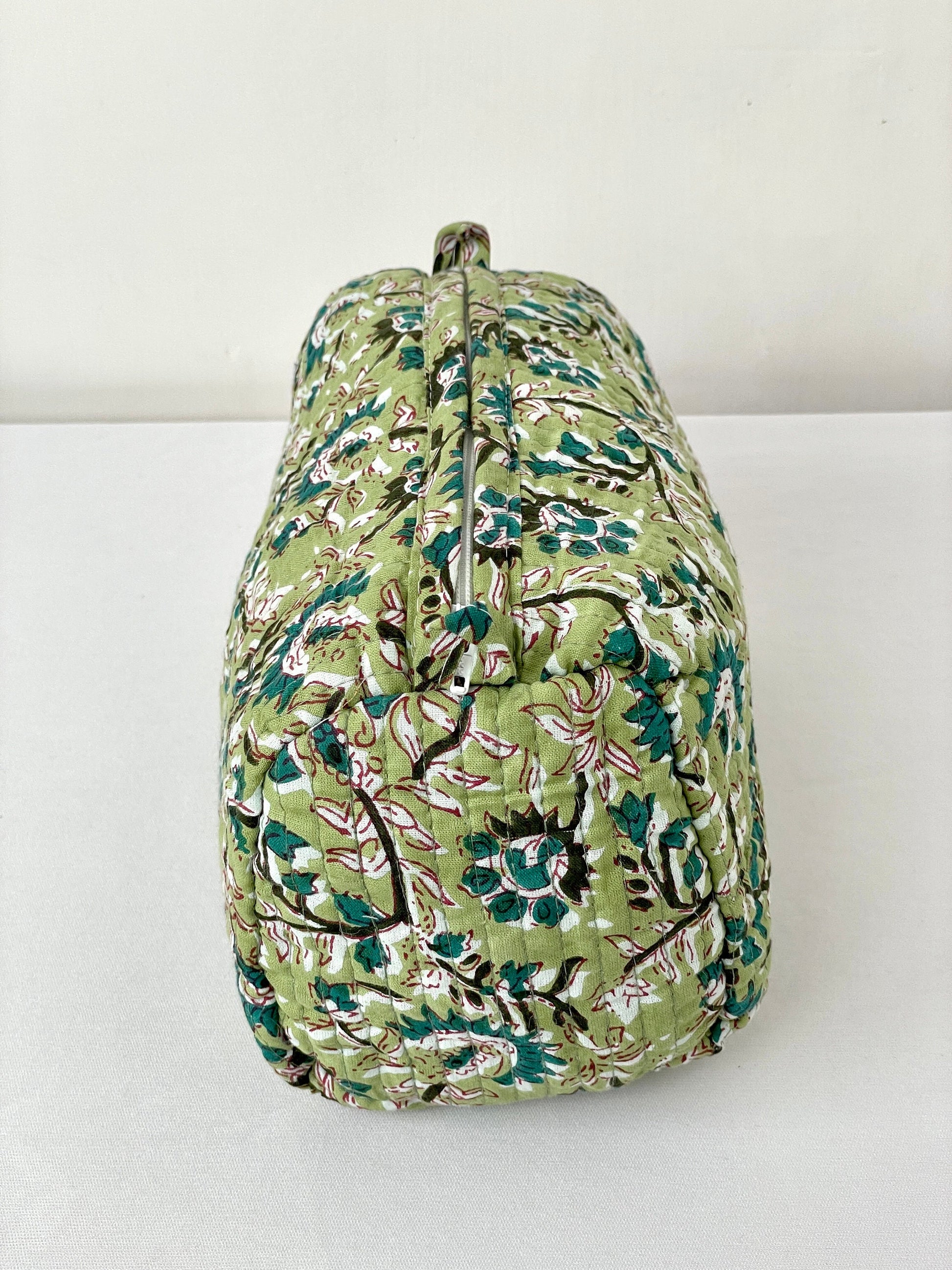 Cotton Quilted Toiletry Bag, Elegant Floral Hand Block Print Fabric Wash Bag, Pack of 3 Green & White Makeup Bag, Gift for She, Her